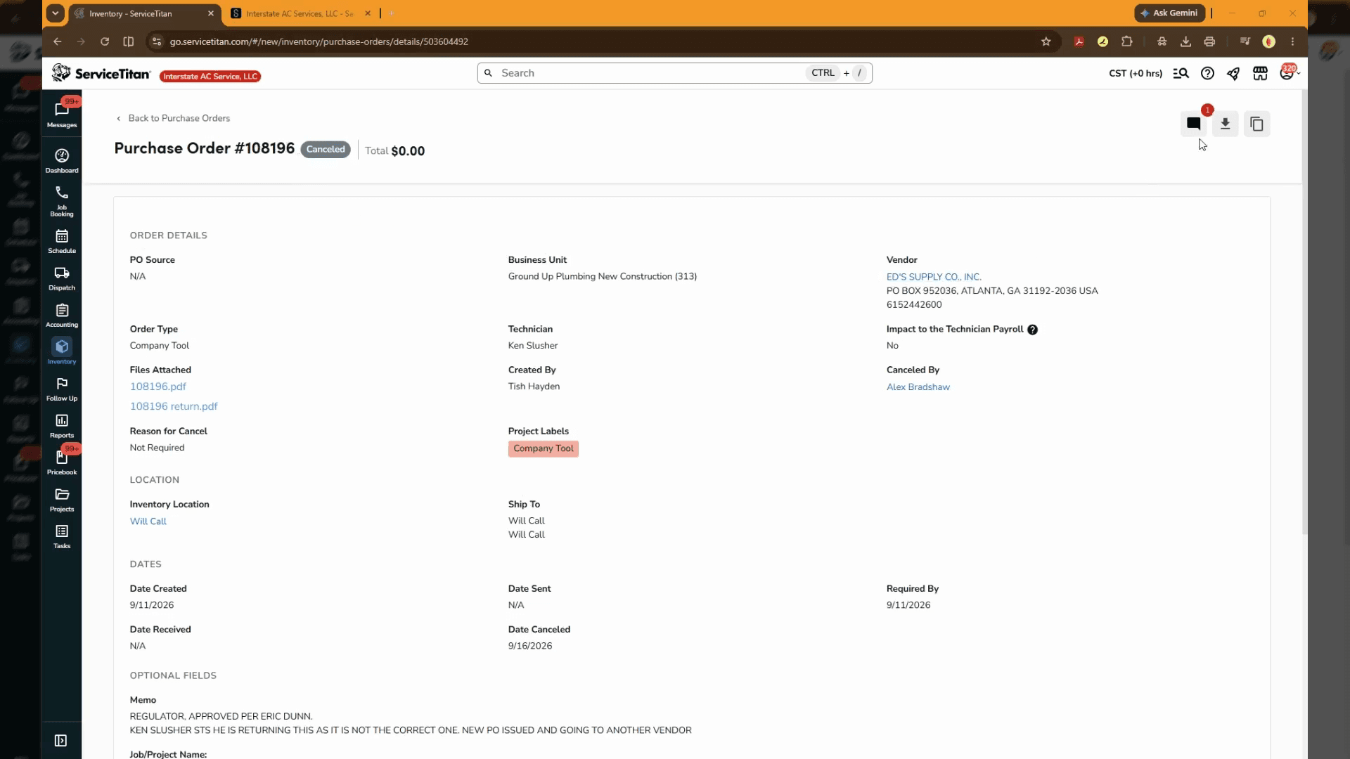 Step #2: Click the comments button in the top right area of the ServiceTitan purchase order screen. Type the cancellation comment for the purchase order.
