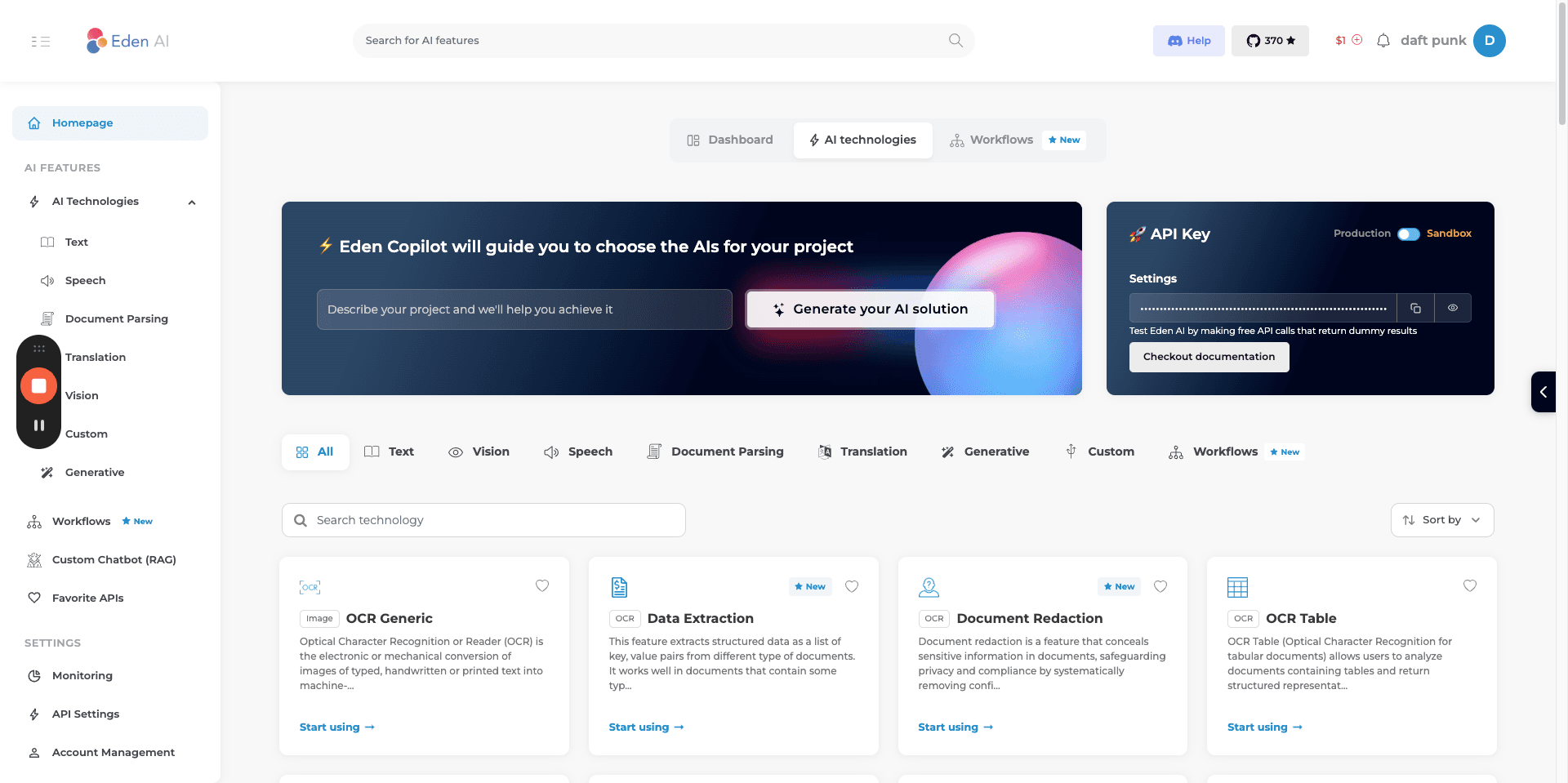 Step #3: This will display the dashboard. There is a $1 credit available. You have access to both the production API and sandbox API. These can be used to generate dummy results and test your solutions.