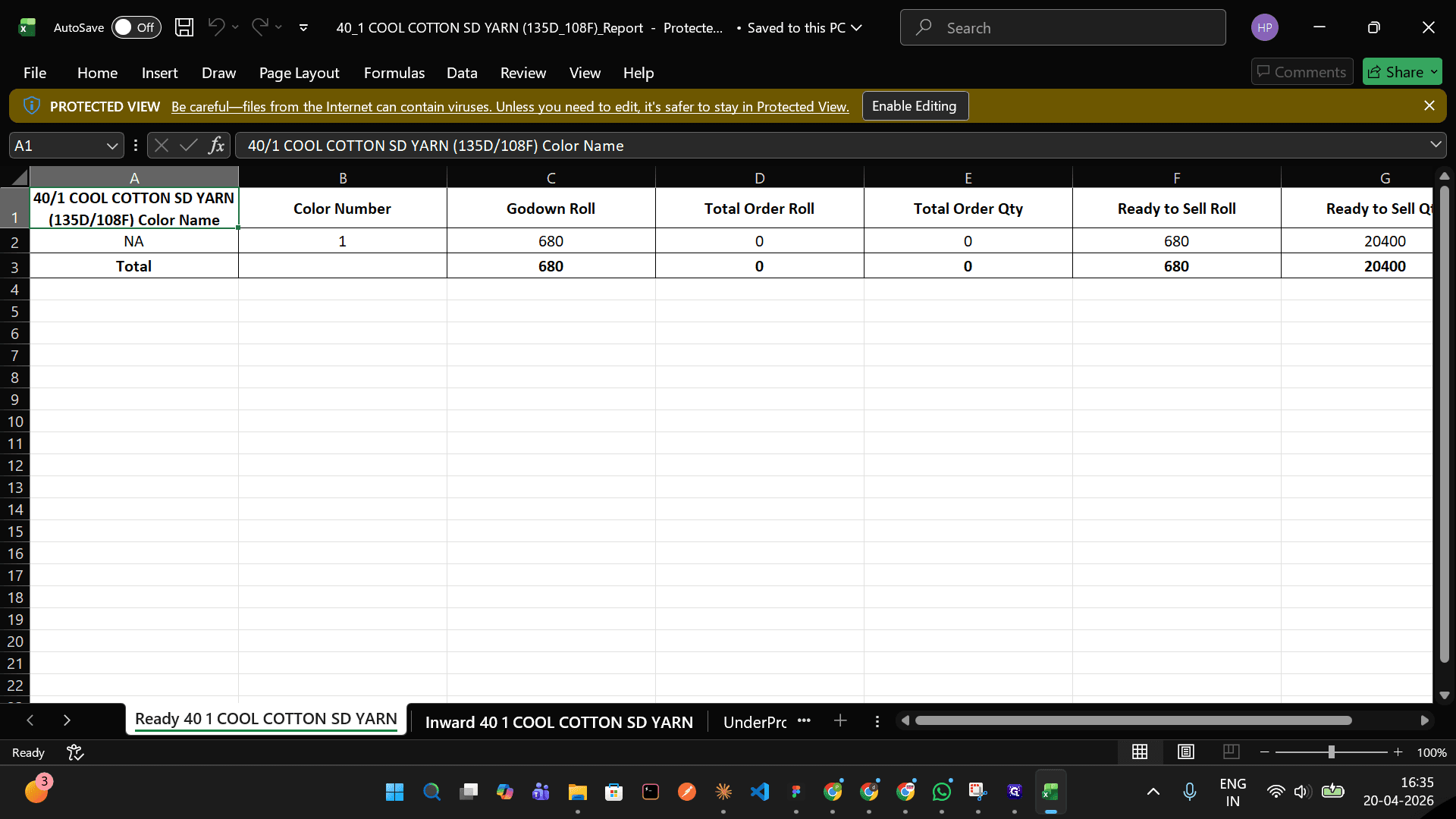 Step #4: This report has all data for warehouse, transit and under production in 3 individual pages. Each page has total, ordered and available quantity and rools.