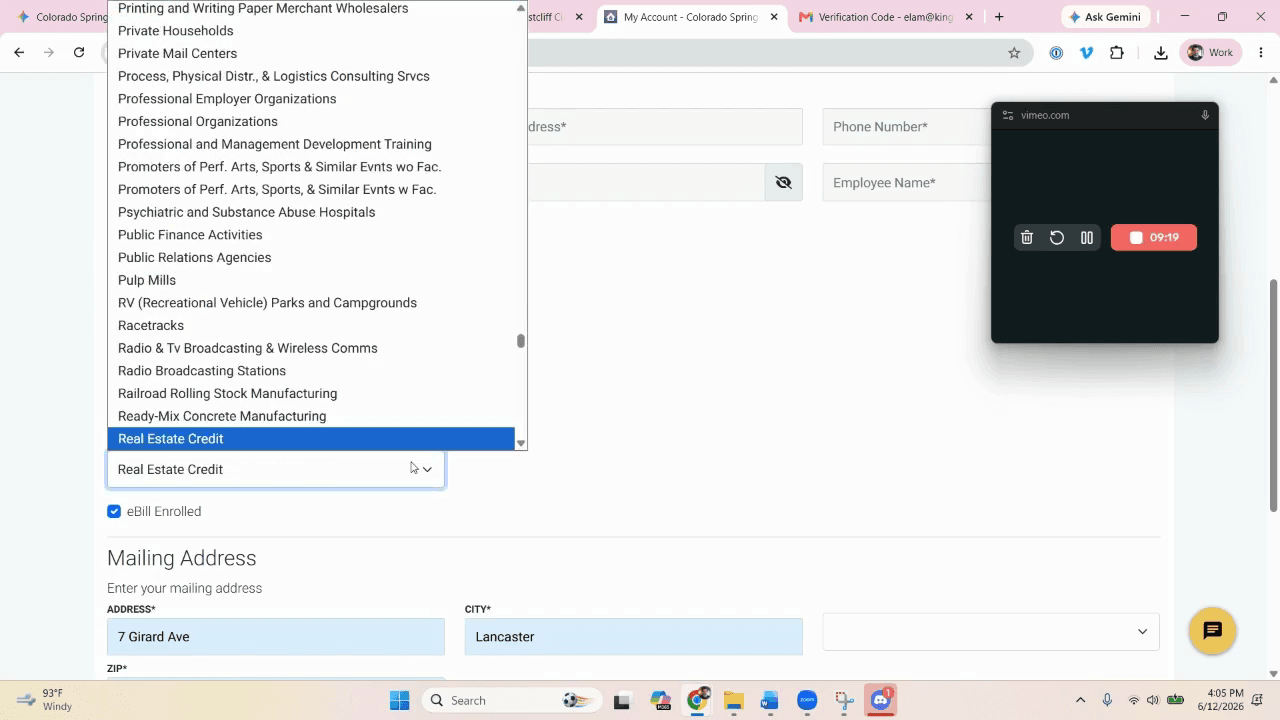 Step #22: Select the appropriate industry category (e.g., Real Estate Credit or Construction) from the NAICS dropdown.