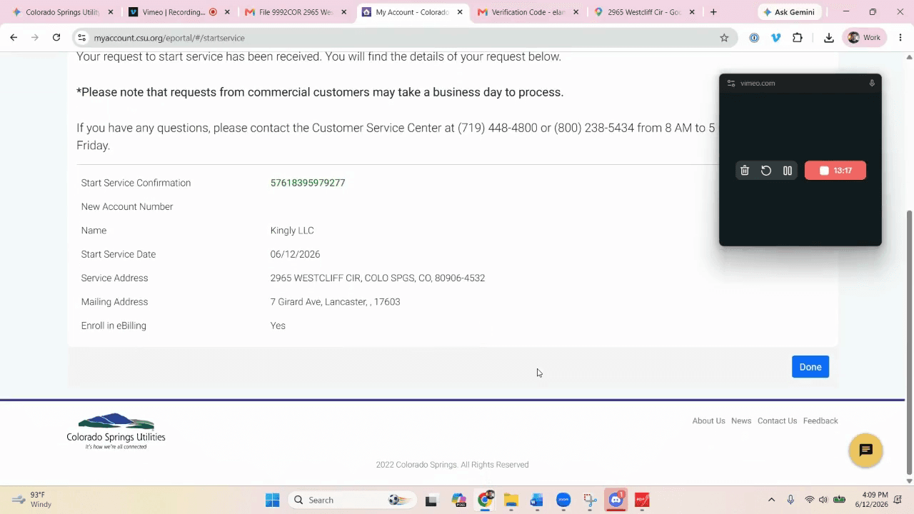 Step #36: Review the final details and click Done to submit the start service request.