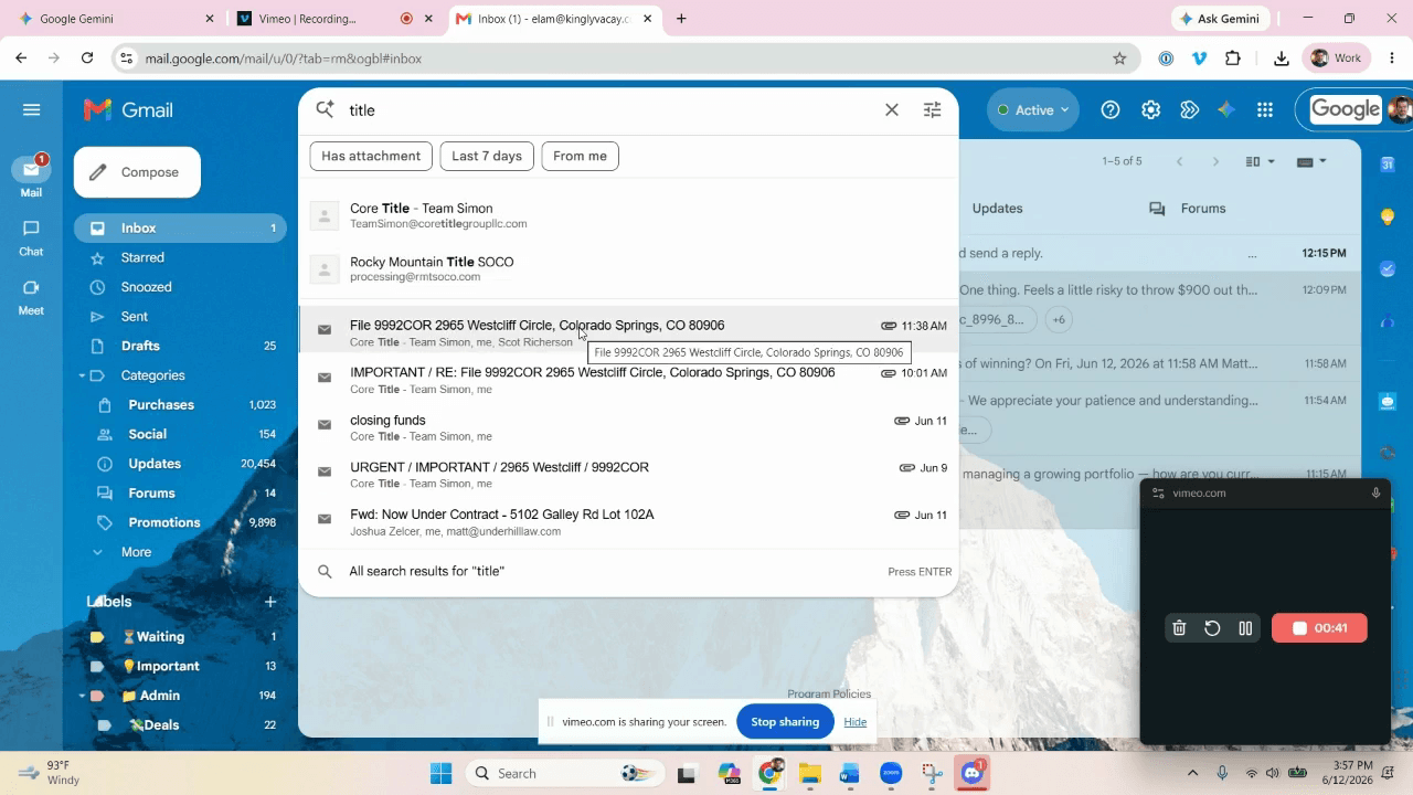 Step #3: Select the email from the title company (e.g., Core Title) regarding the recent property closing.
