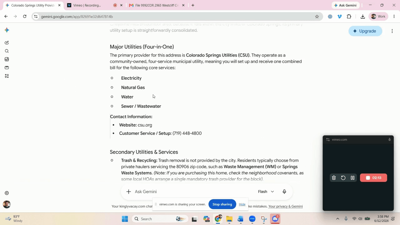 Step #7: Review the AI response to identify the municipal providers for electric, gas, water, and sewer services.