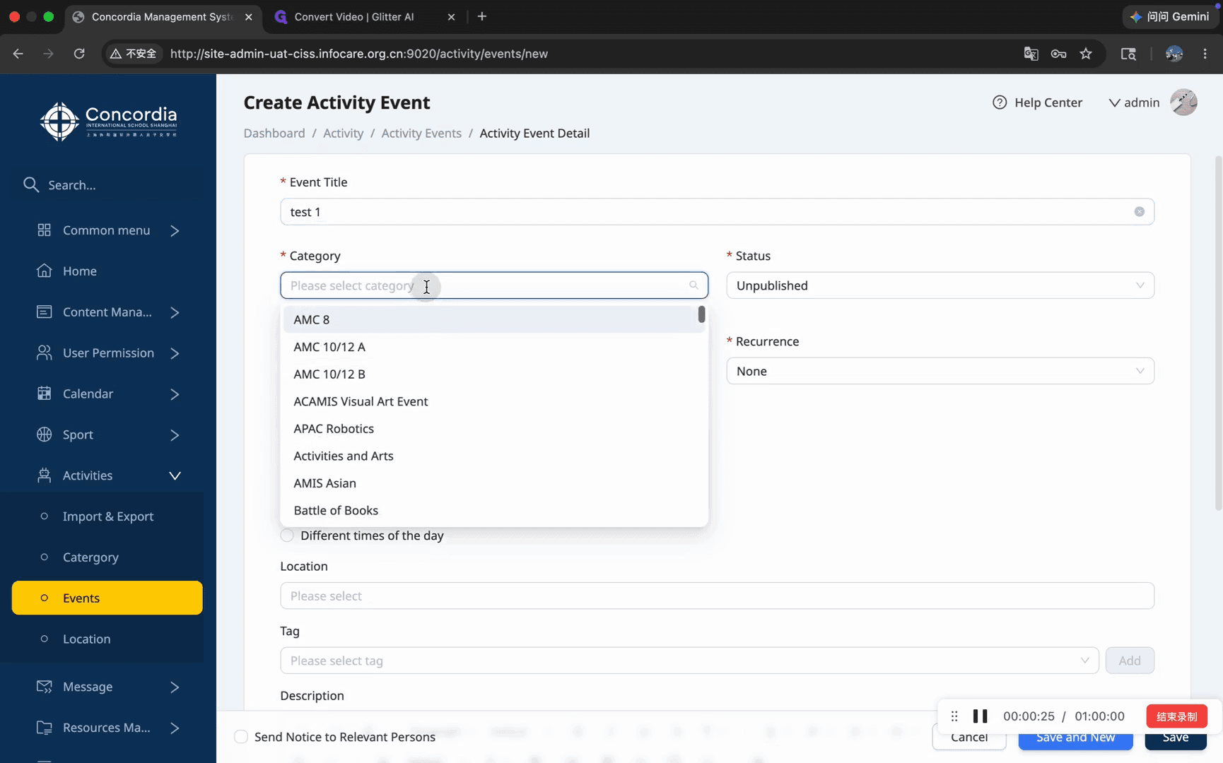 Step #5: Click the Category dropdown and select the appropriate classification for the event.