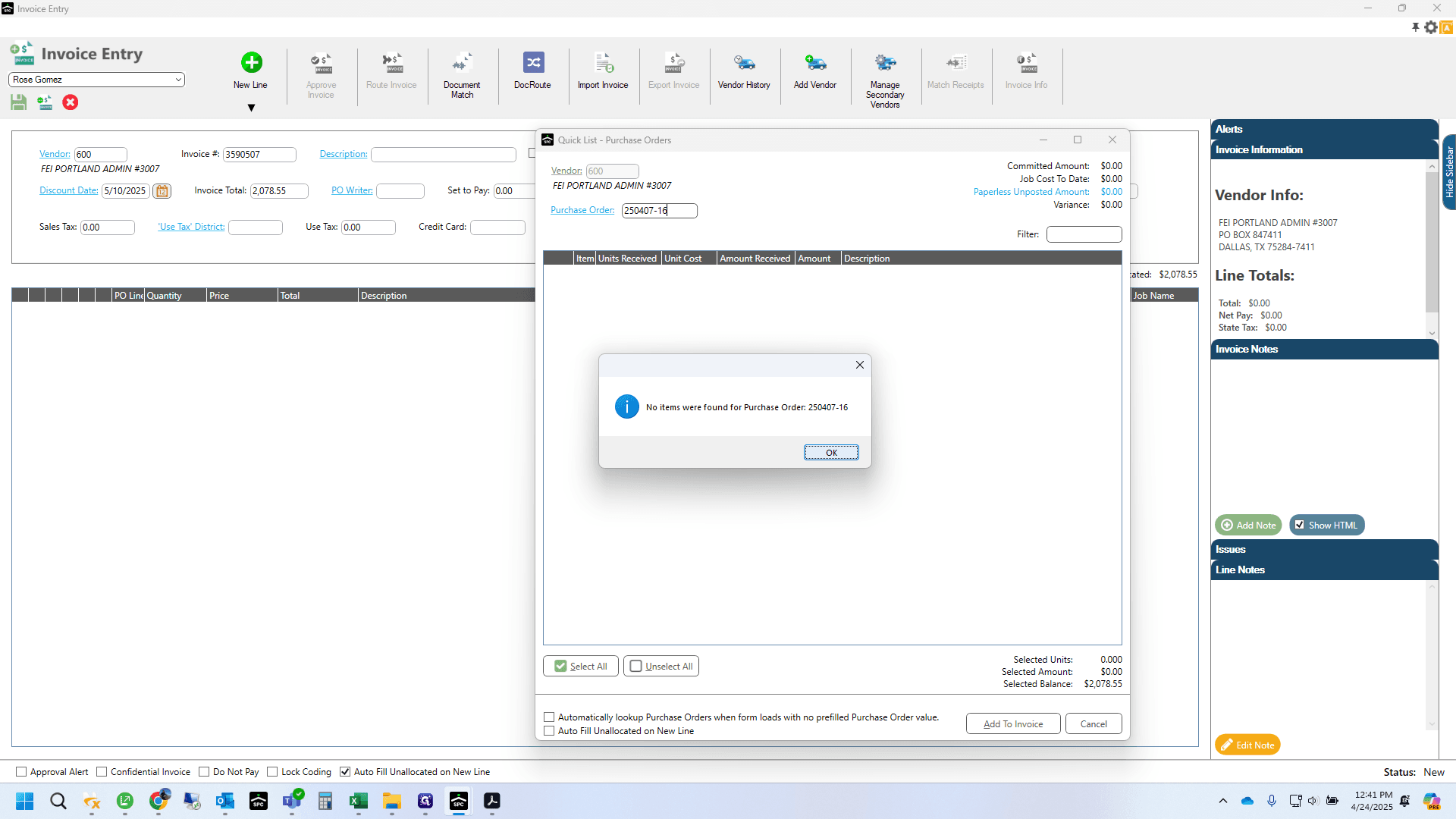 Step #9: PO not found due to the vendor being incorrect