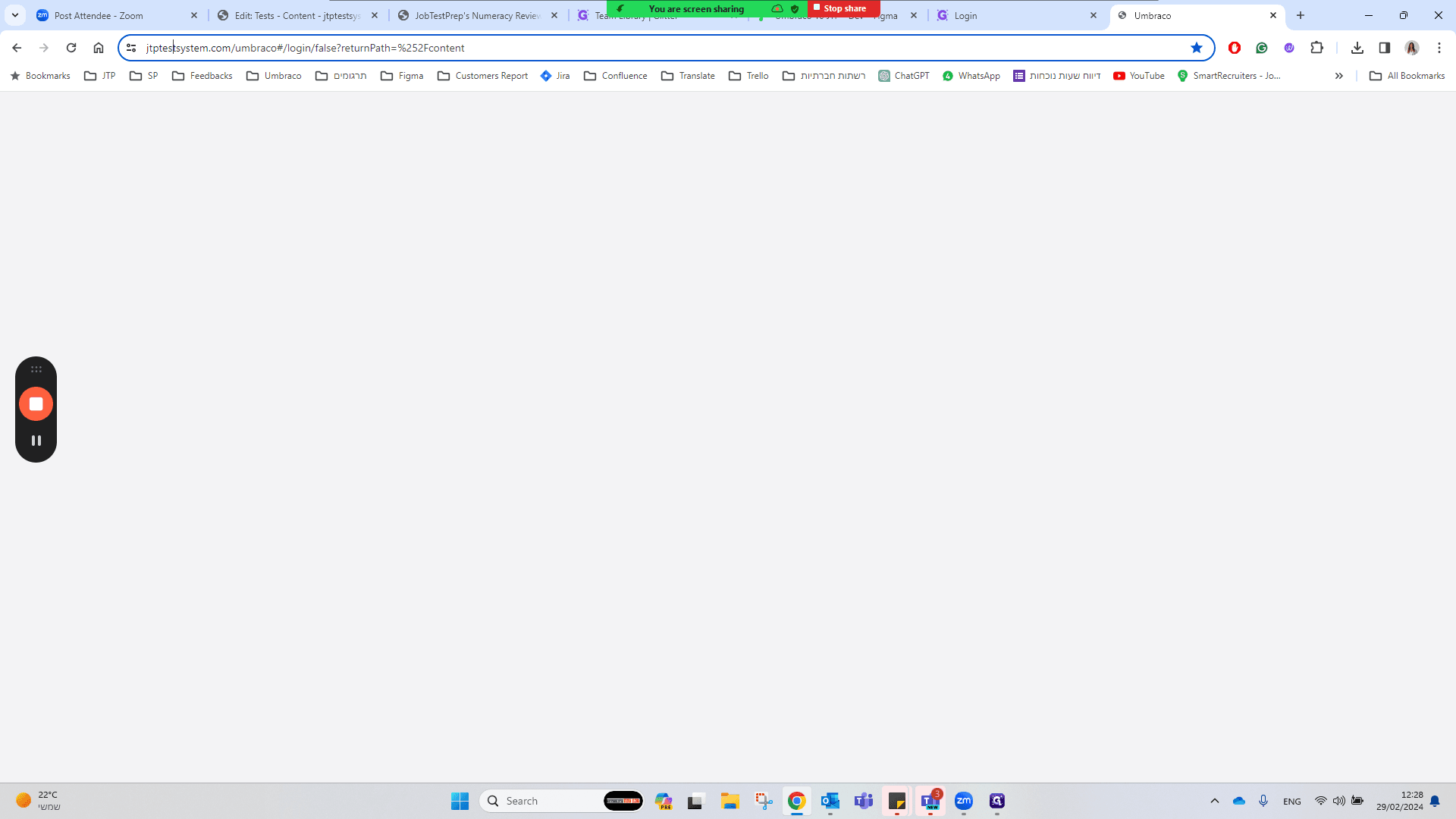 Step #3: Click "jtptestsystem.com/umbraco#/login/false?retu"