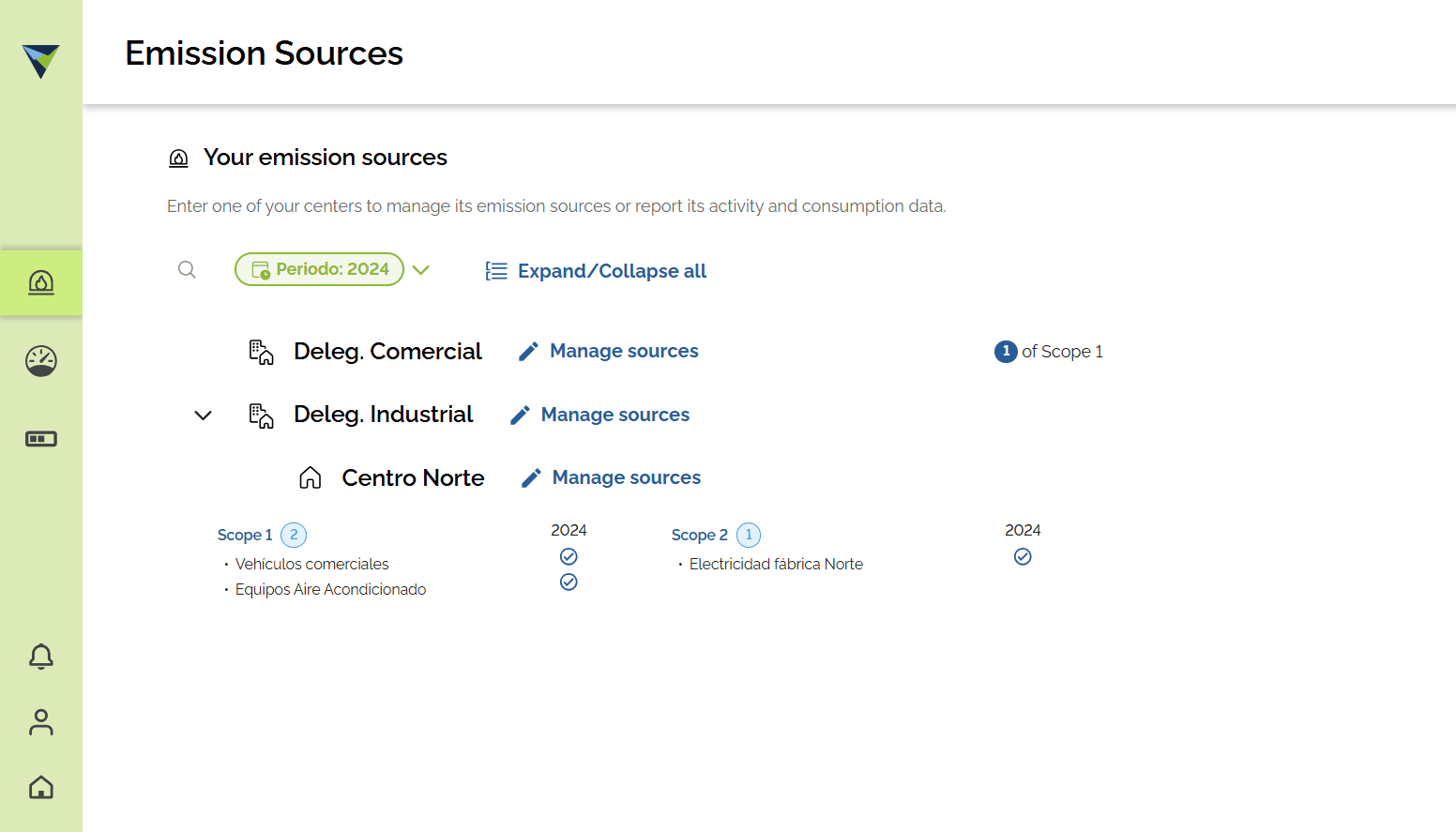 Step #1: When you open the "Emission sources" section, you can see all the sources created for the selected business unit.