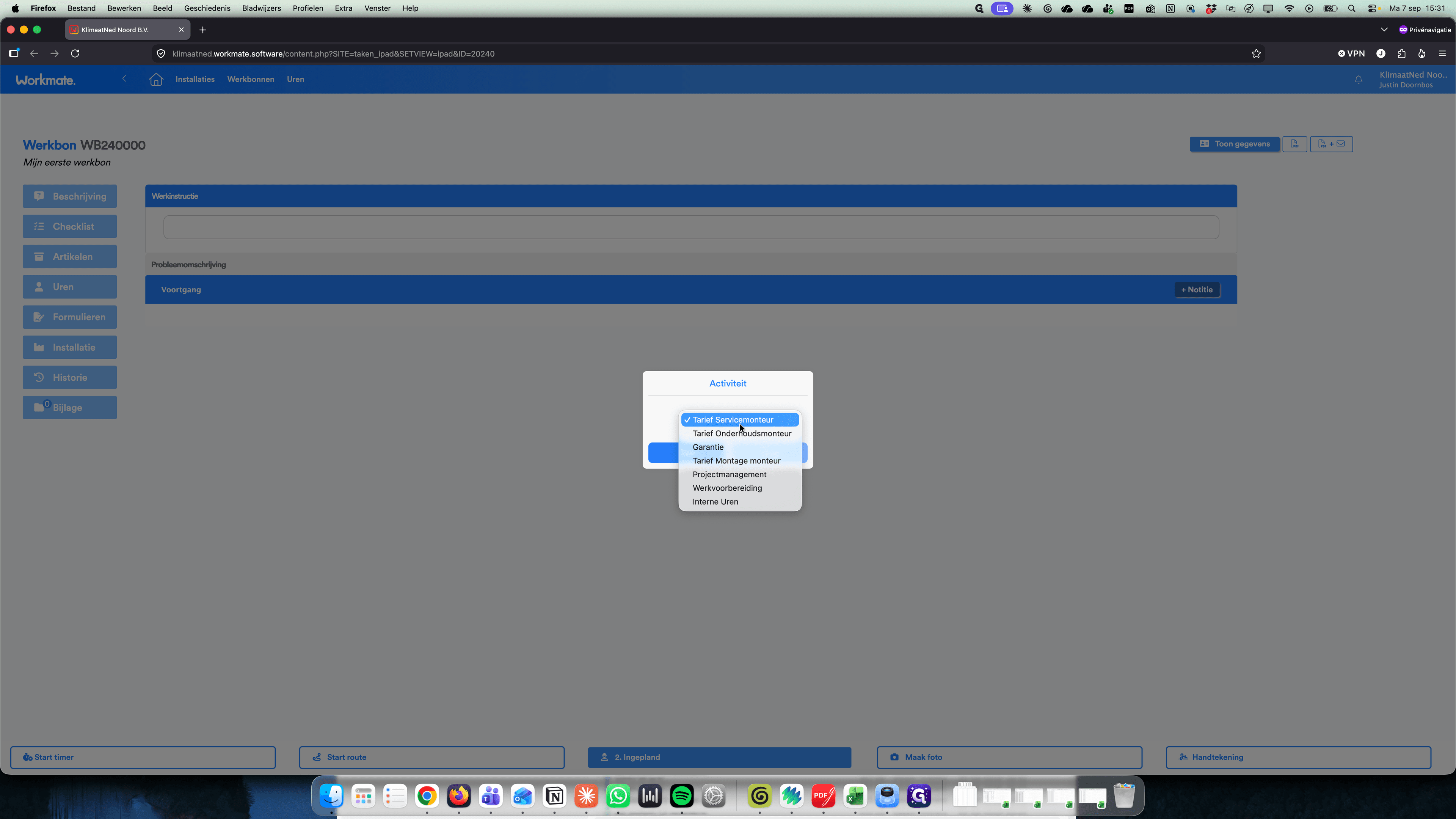 Step #8: Selecteer de gewenste activiteit, zoals Tarief Servicemonteur.