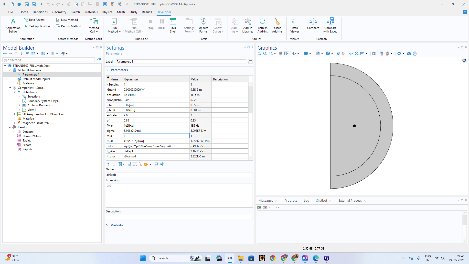 Step #11: Double-click on the value cell for the mur (relative permeability) parameter.