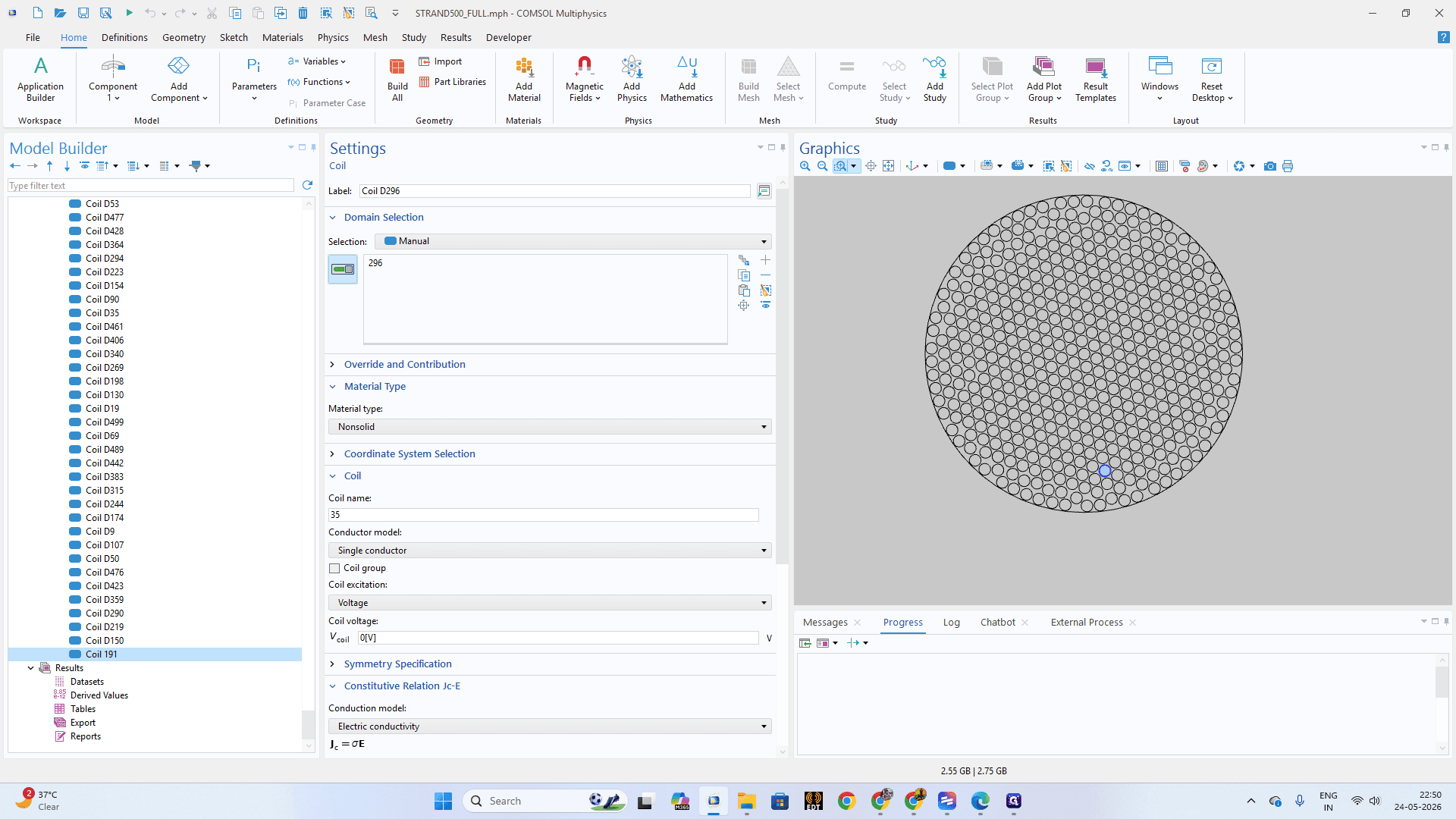 Step #25: Click on Coil 191 (and proceed down the list). In the Settings panel, verify the assigned domains, excitation voltage, and constitutive relations match your physical specifications.