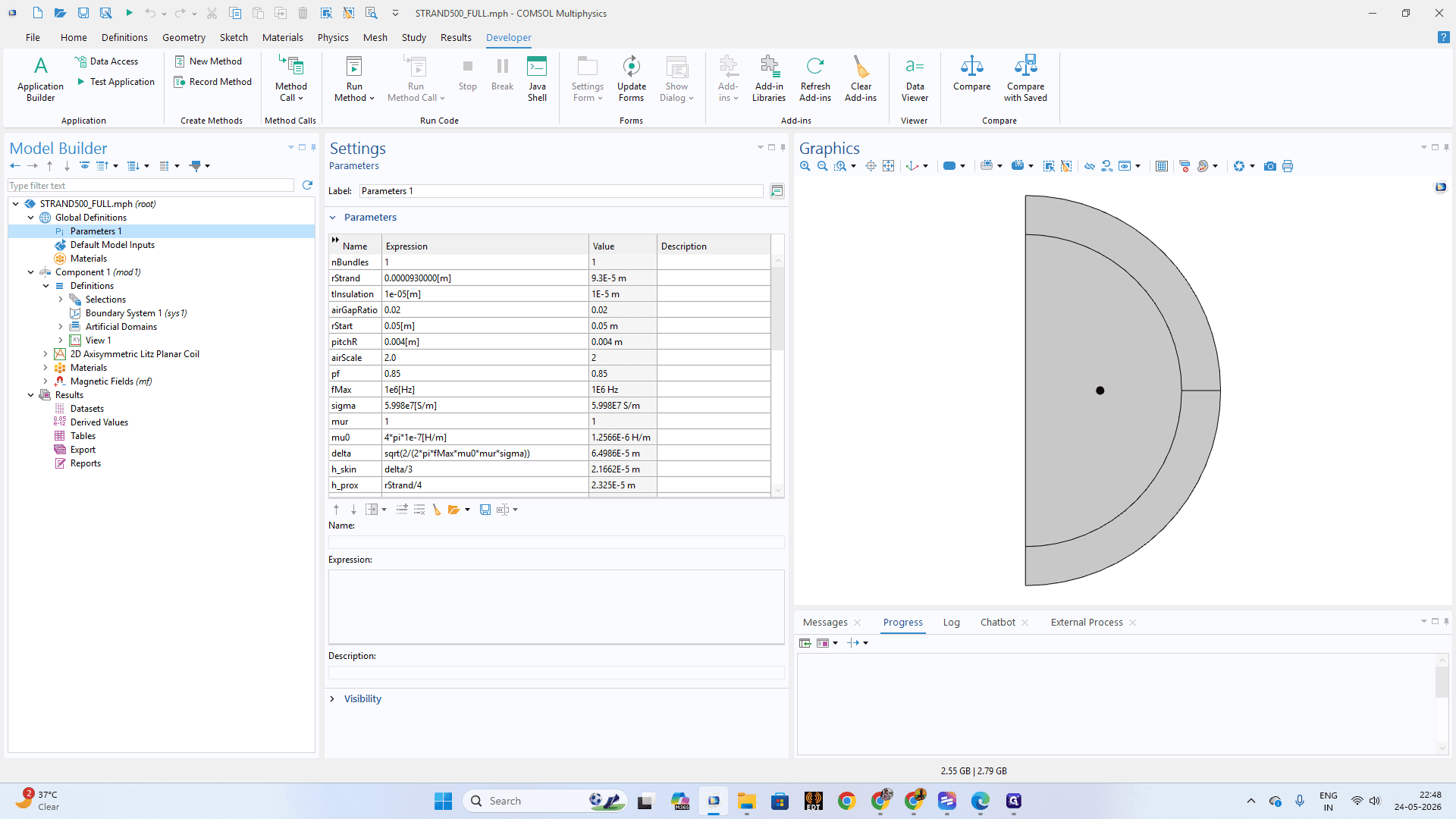 Step #10: Open the Parameters table in your Settings window and enter dimension values, such as 0.0000930000 for h_prox.