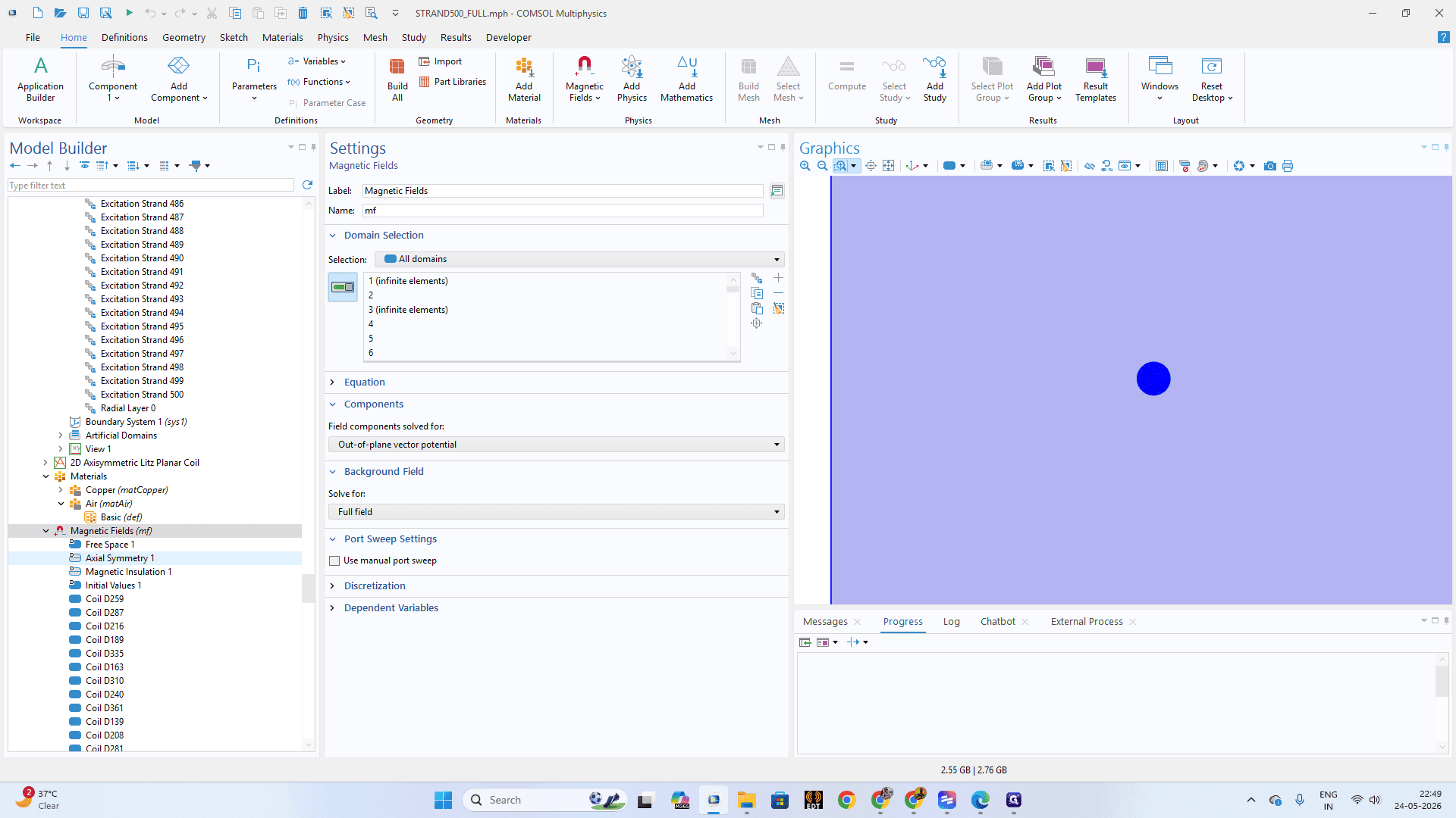 Step #21: Select Axial Symmetry 1 to enforce rotational symmetry behavior on the 2D cross-section.