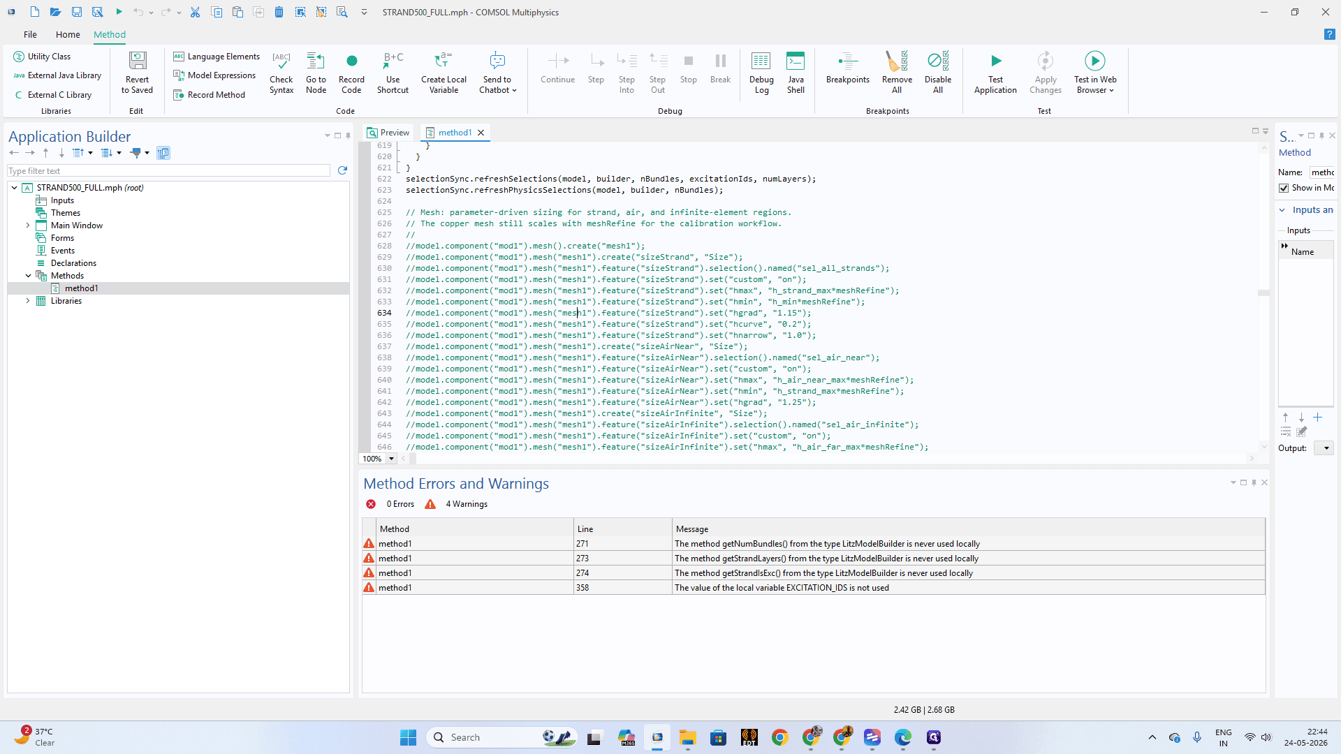 Step #5: In the central code editor pane, define your simulation parameters (such as mesh("mesh1") iterations) to apply sizing logic across the Litz strands.