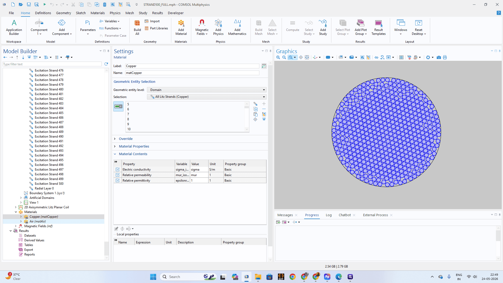 Step #18: Under the Materials node, click on Copper (matCopper). In the Material Contents table, verify the target Electric conductivity is assigned to your Litz Strands selection.
