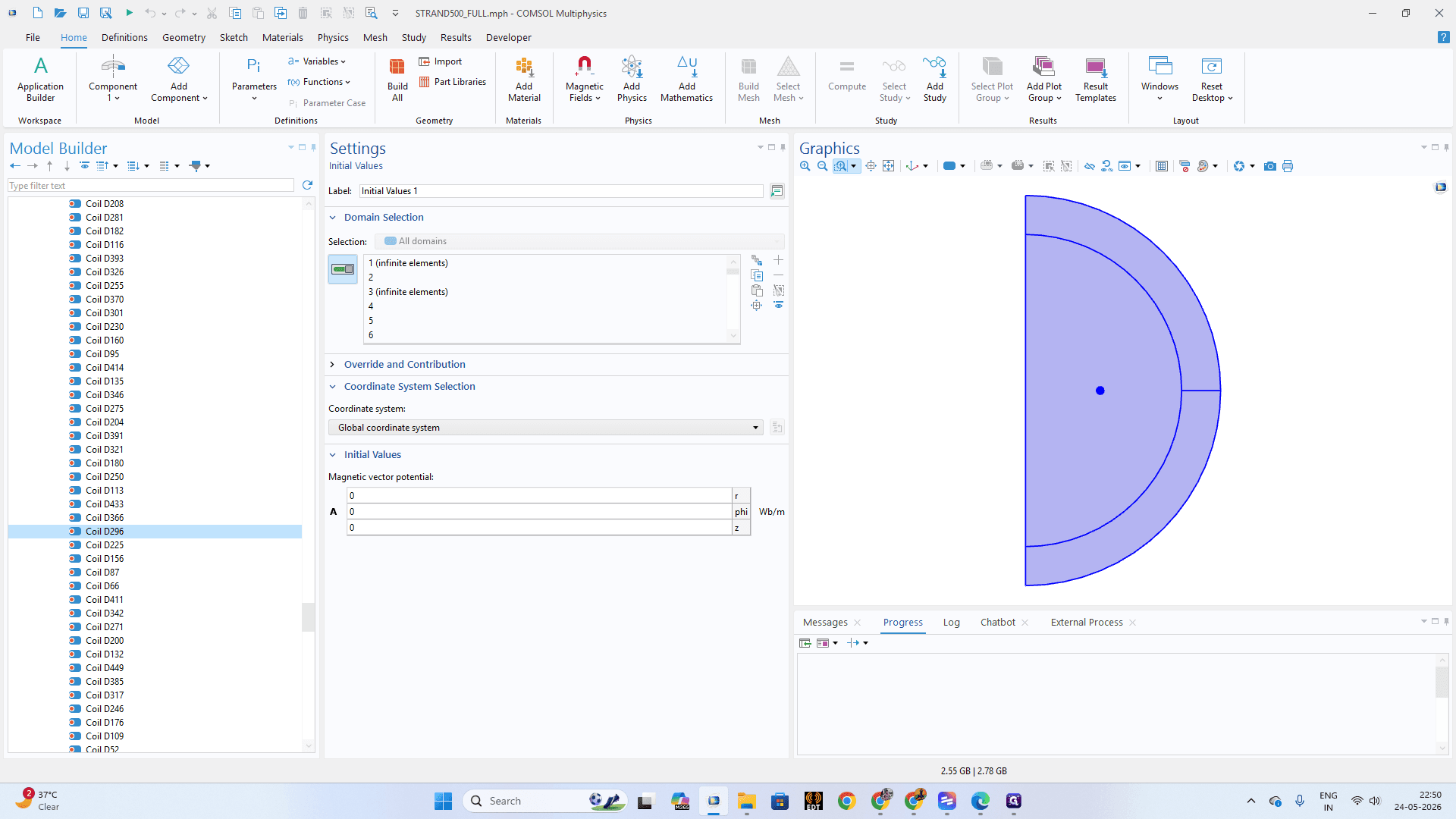 Step #24: Under the Magnetic Fields branch, navigate to individual coil sub-nodes (e.g., Coil D296).