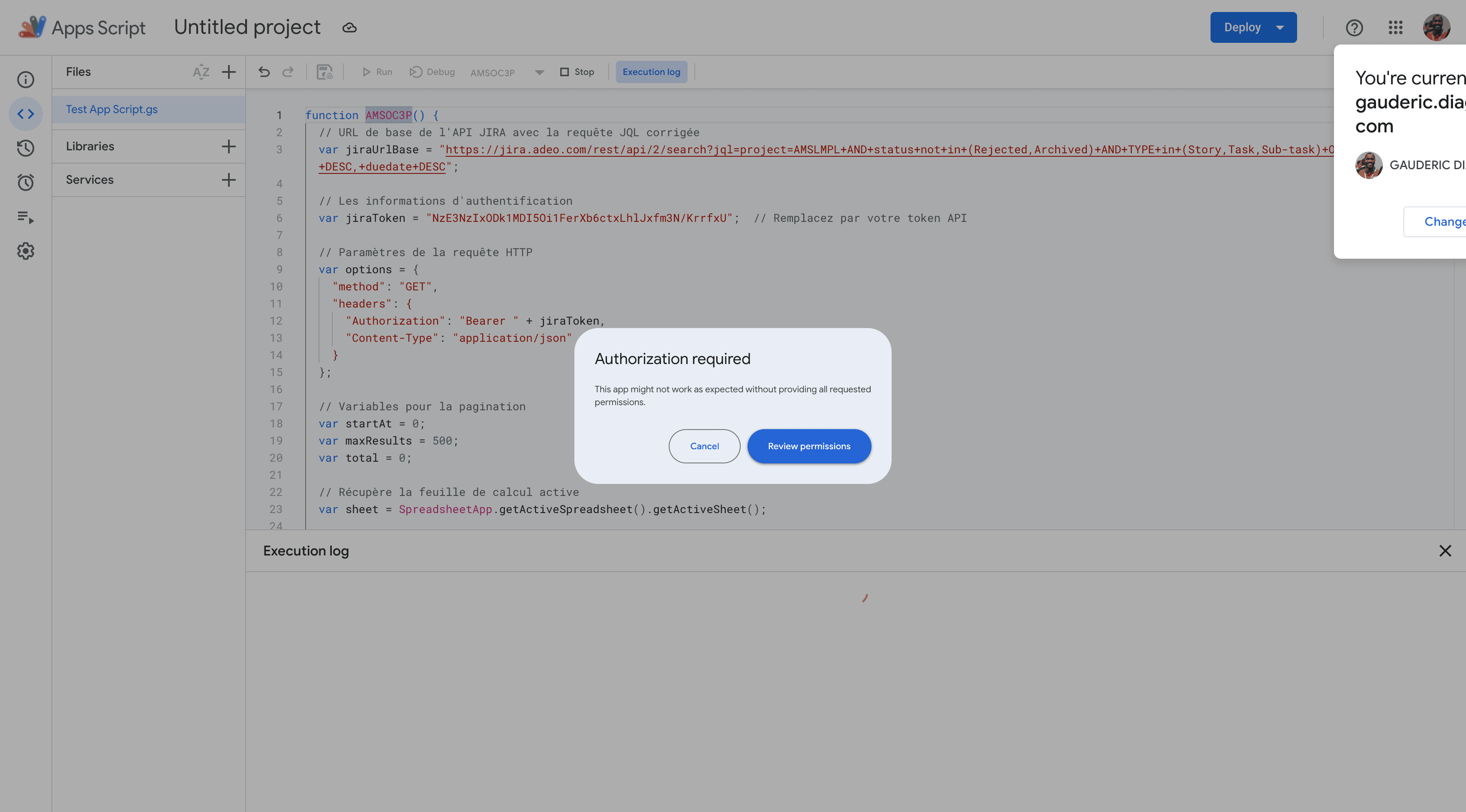 Step #14: You can have the message to "Review permissions" to authorize the script to access your Google Sheet and Jira.