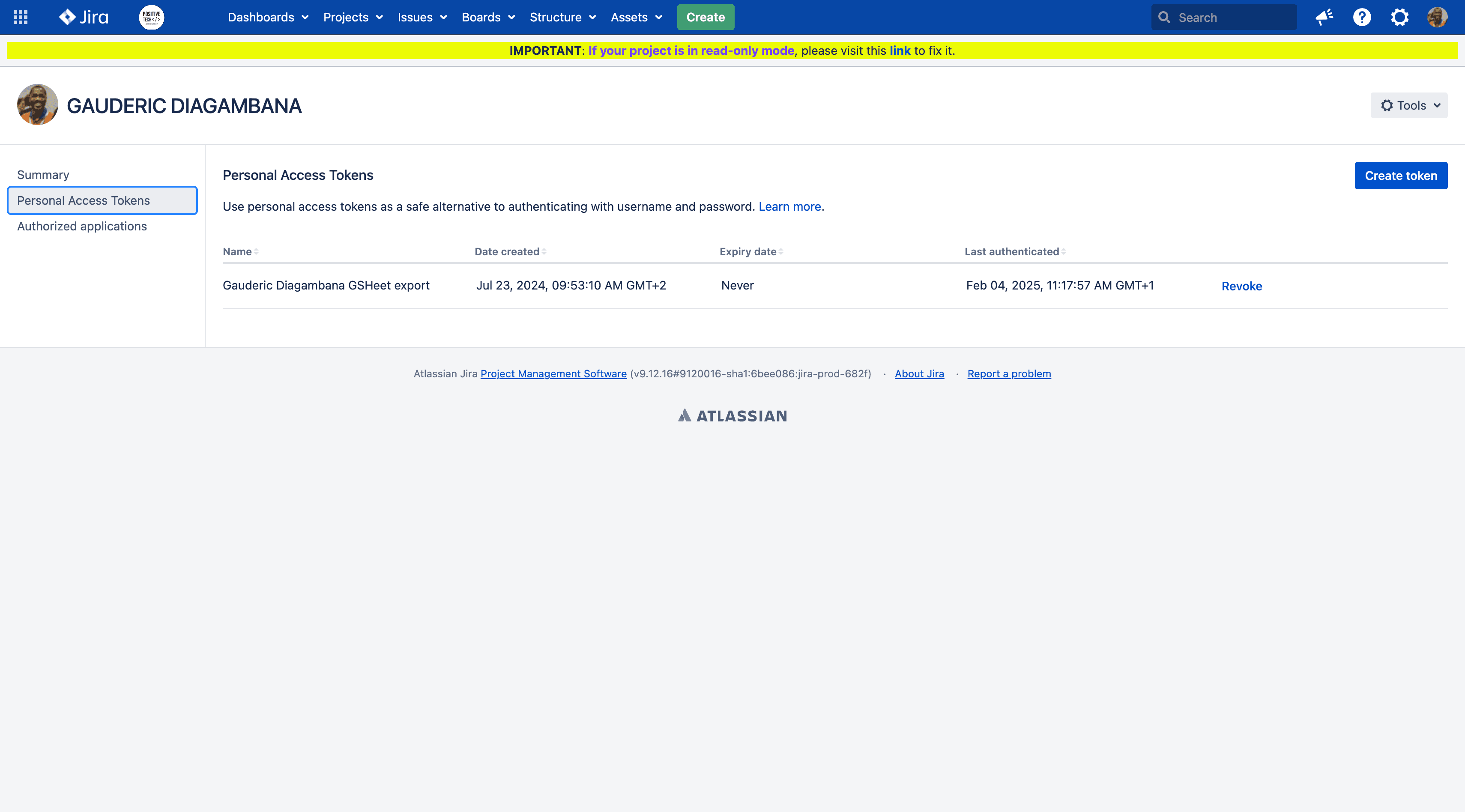Step #2: Click on "Personal Access Tokens"