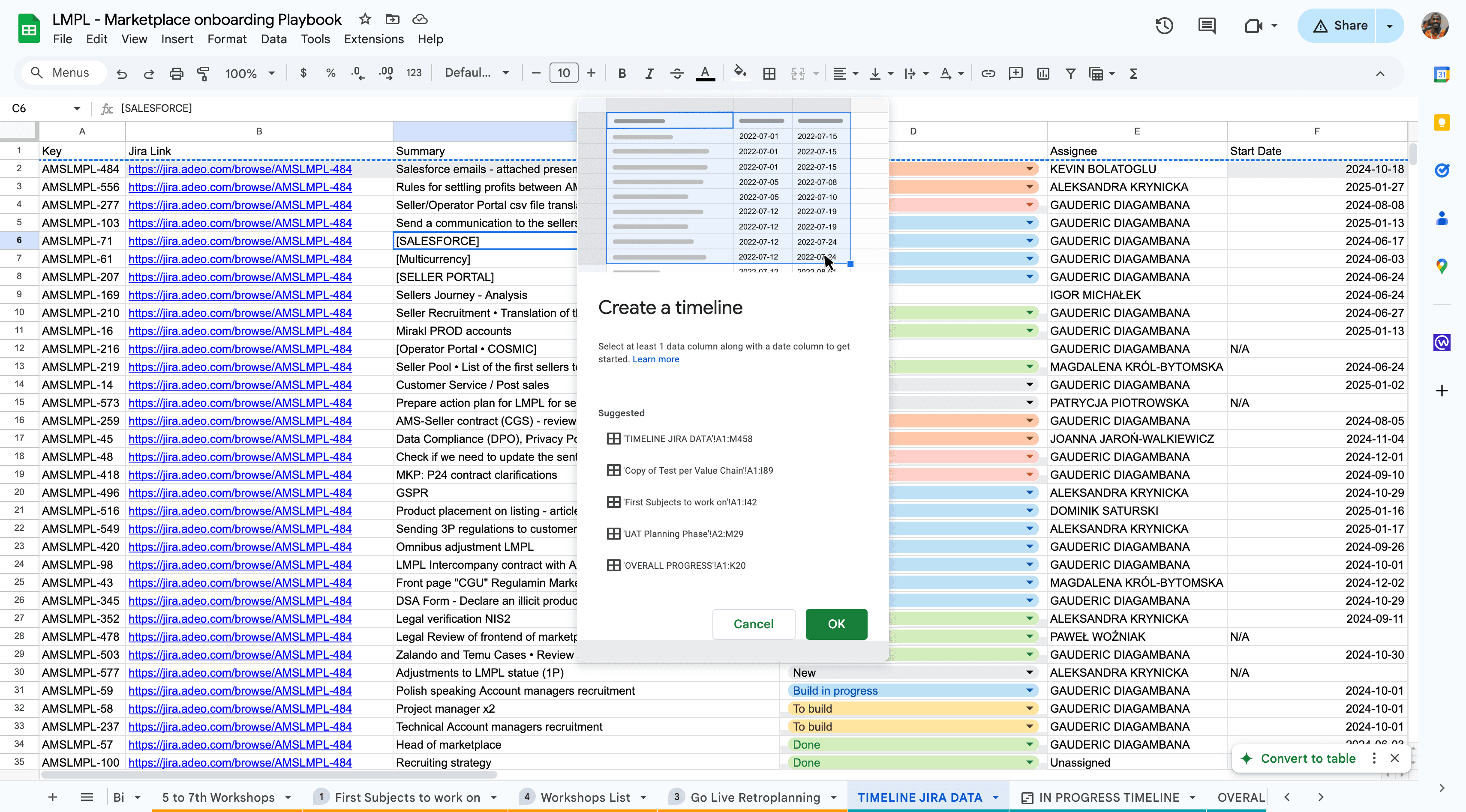 Step #17: Select the desired range of data for your timeline. This data will be used to generate the visual representation and must include the start date and due date.Click "OK" to proceed.