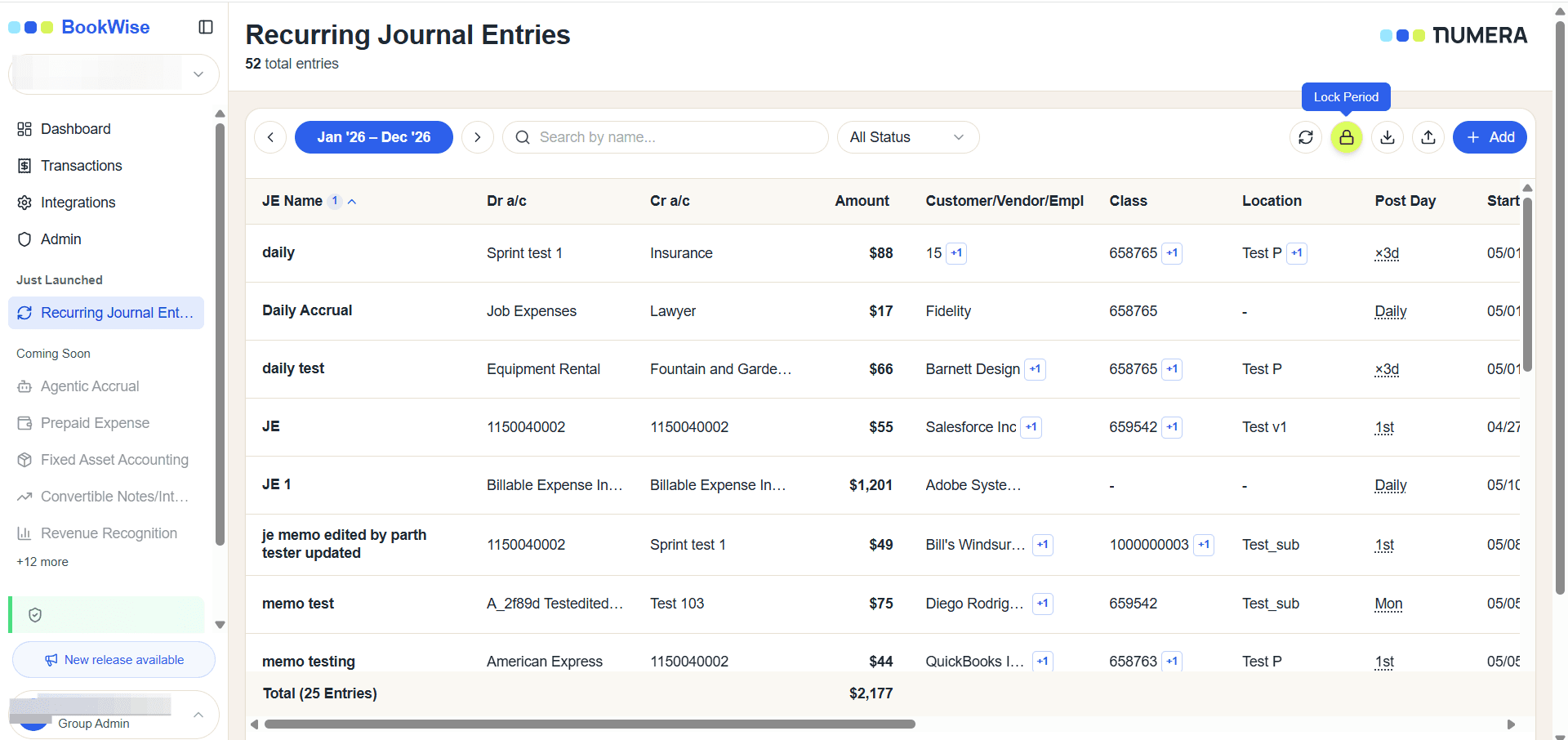 Step #1: Click Lock Period in the top right corner of the recurring journal entries table to open the scheduling modal.
