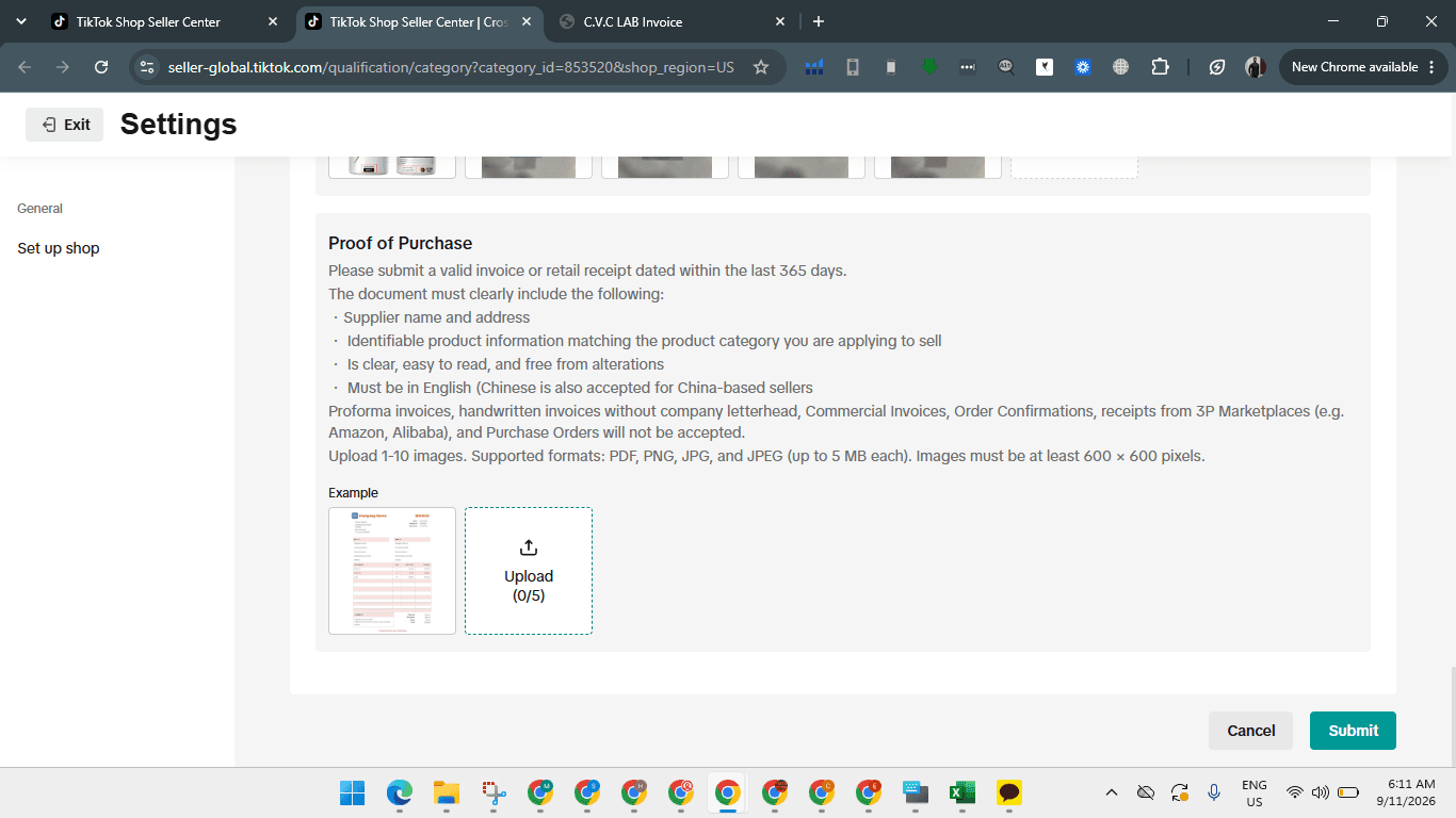 Step #12: Click Upload under the Proof of Purchase section.