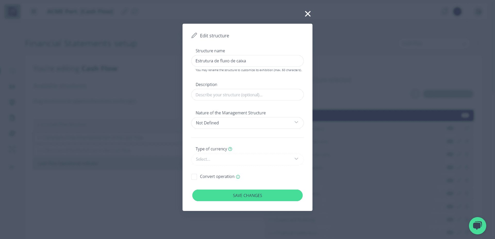 Step #4: Modal de edição da Estrutura Gerencial aberto