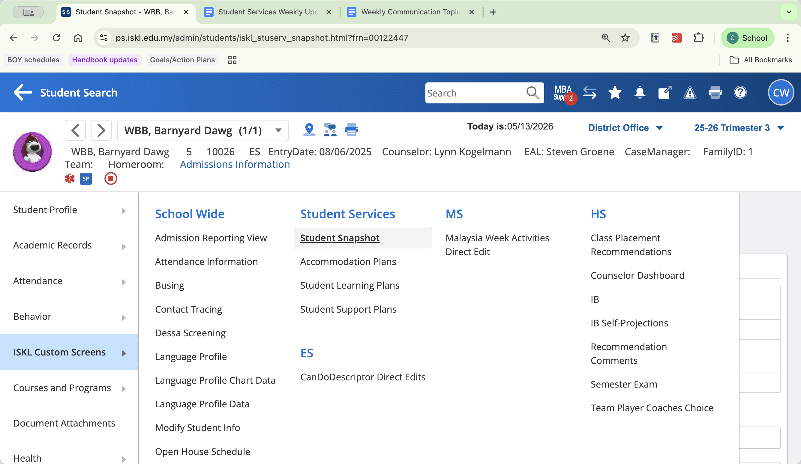 Step #3: Select Student Snapshot to open the student's service record.