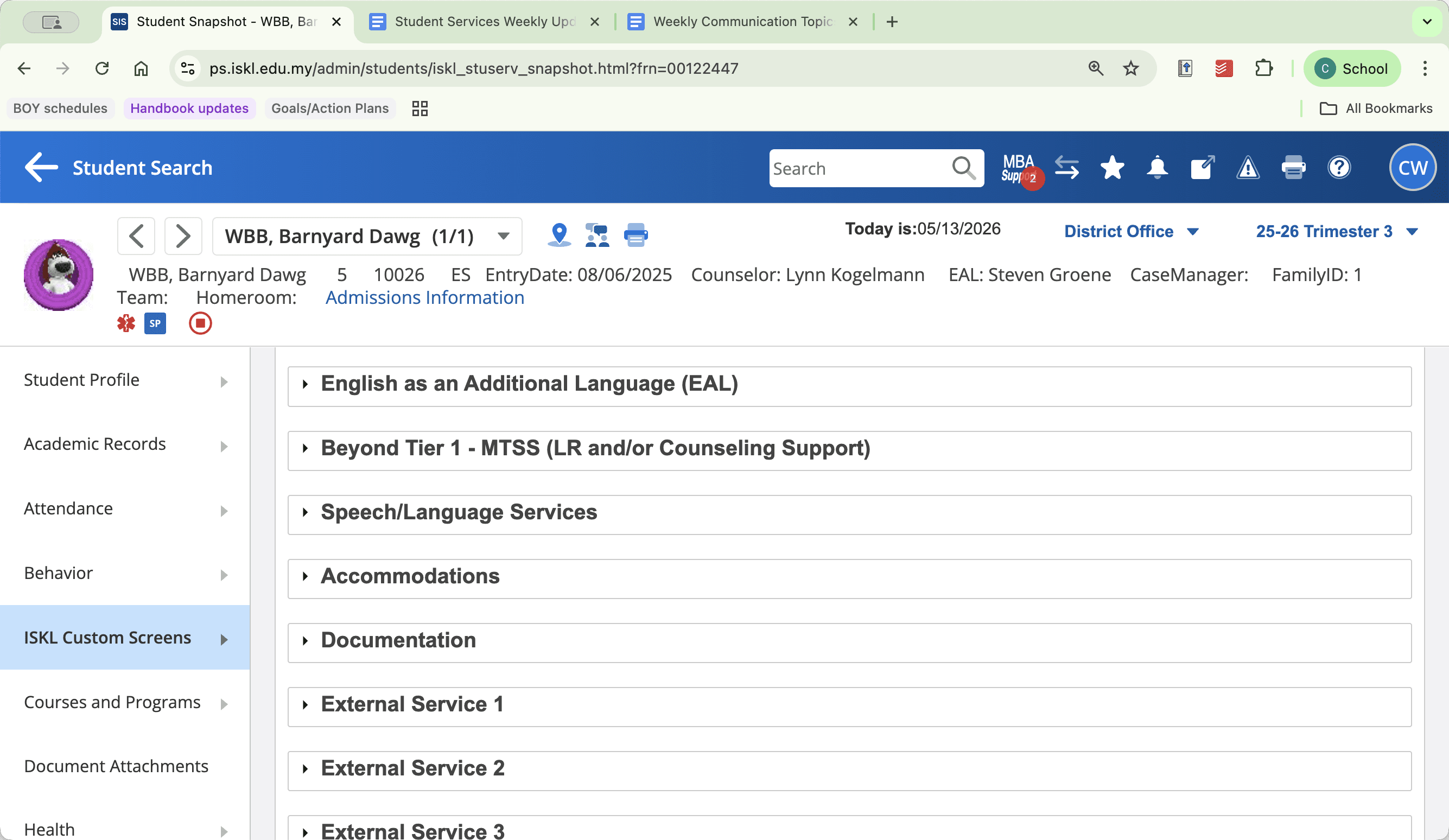 Step #7: Click English as an Additional Language (EAL) to open the EAL snapshot settings.