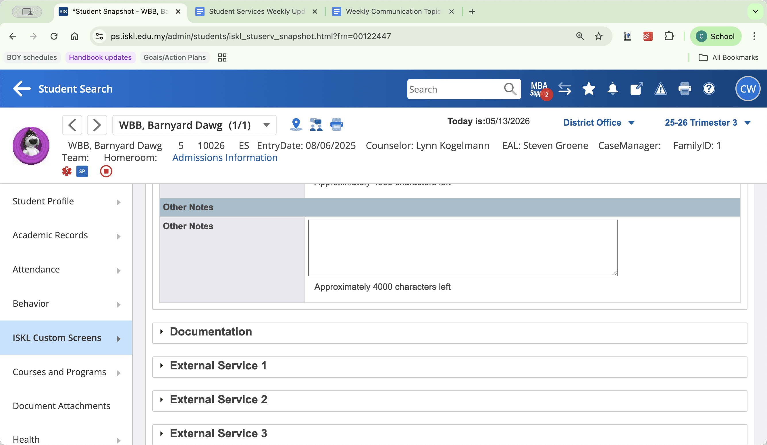Step #19: Click Documentation to record on-file evaluations, confidential files, behavior plans, or exit letters.