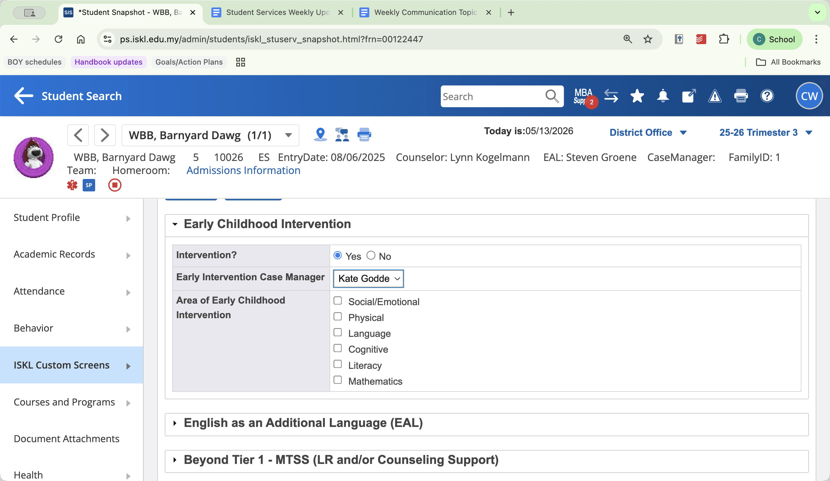 Step #5: Select Yes if the student is currently receiving intervention, then choose the case manager from the dropdown.