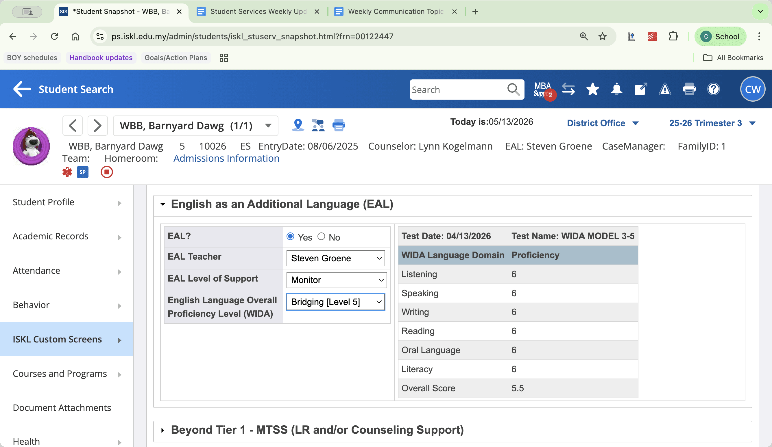 Step #8: Select Yes for EAL support, choose the case manager, update the level of class support, and adjust the student's WIDA level if applicable.