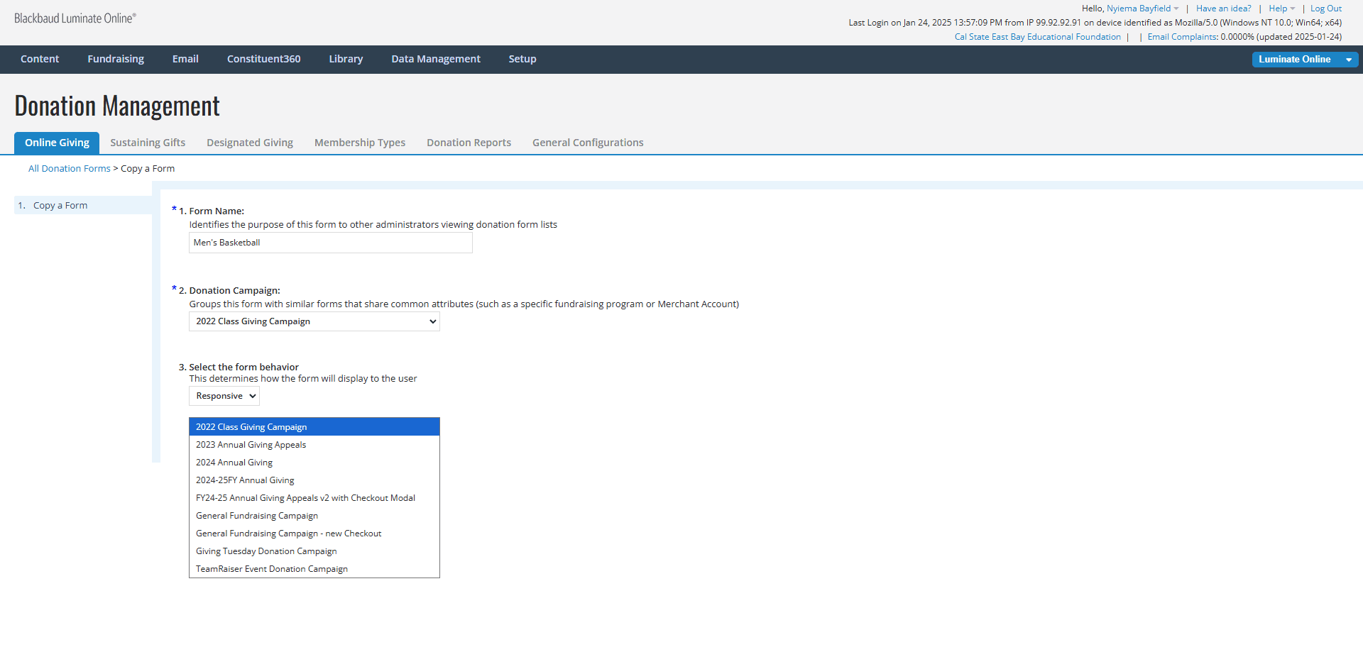 Step #7: Select "General Fundraising Campaign - new Checkout" from the dropdown for Donation Campaign.