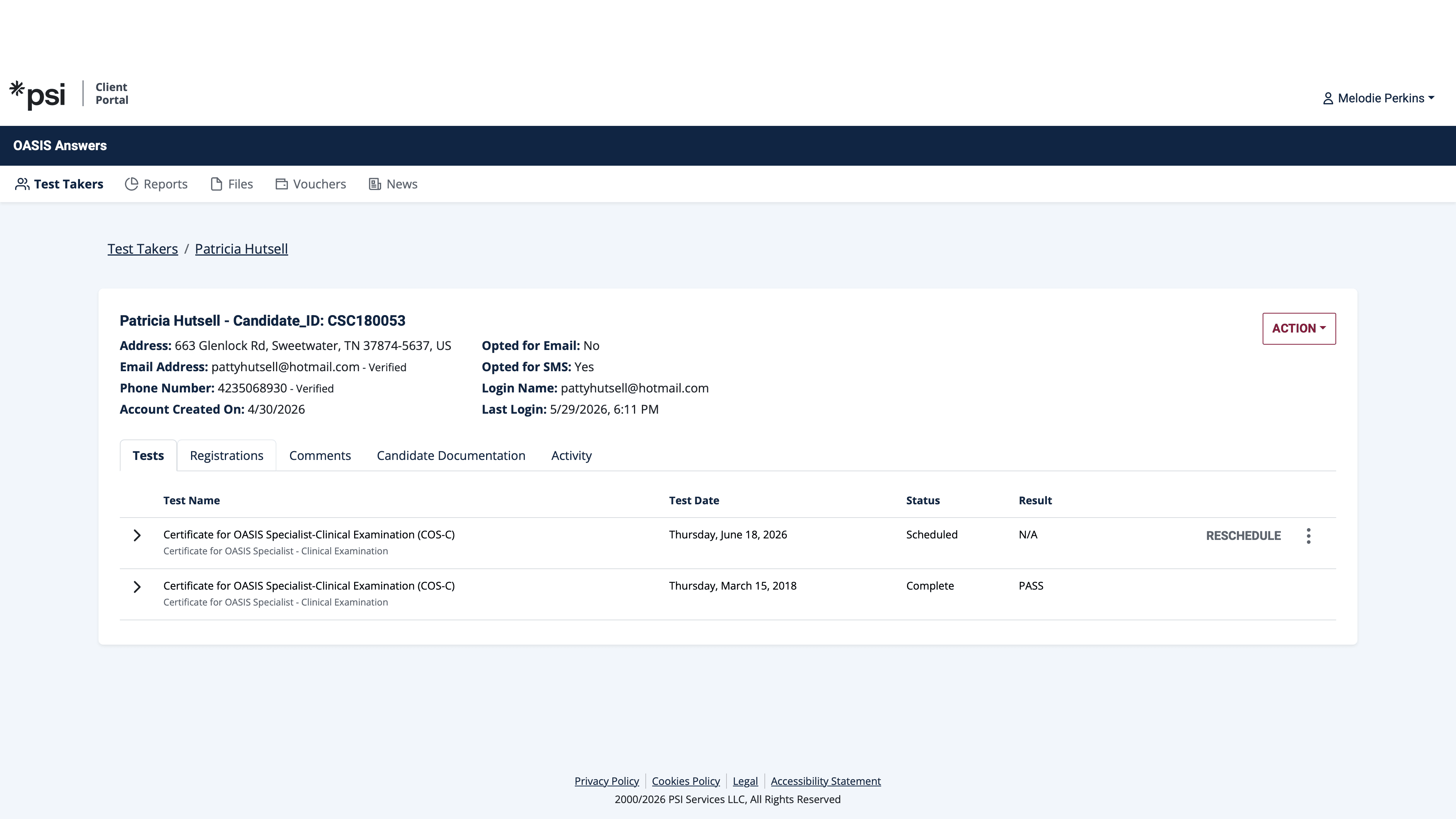 Step #4: In the PSI portal, review the candidate's active testing records and rescheduling options under the Registrations tab.