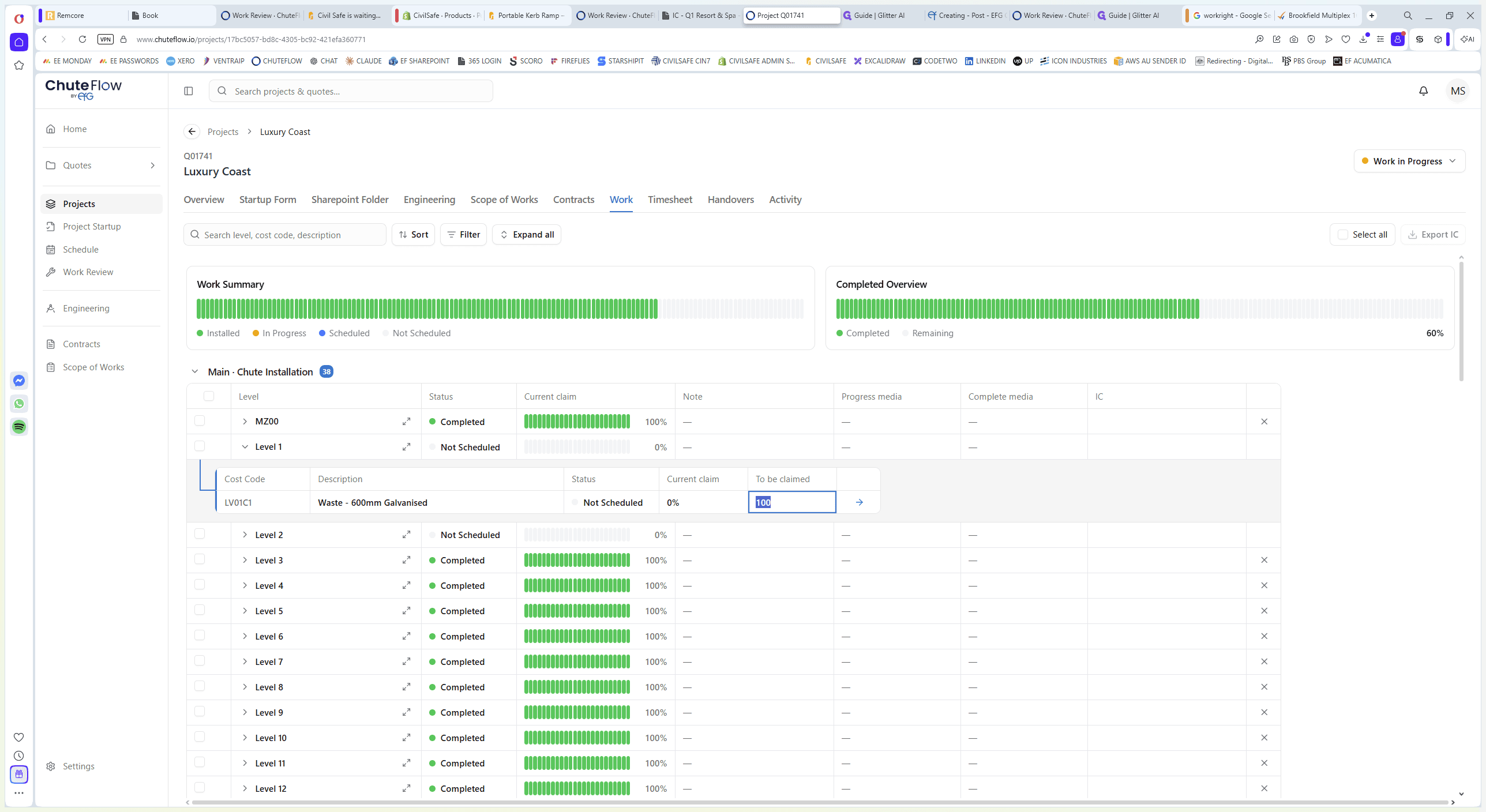 Step #4: In the side panel, locate the specific cost code and enter a percentage value in the To be claimed field.
