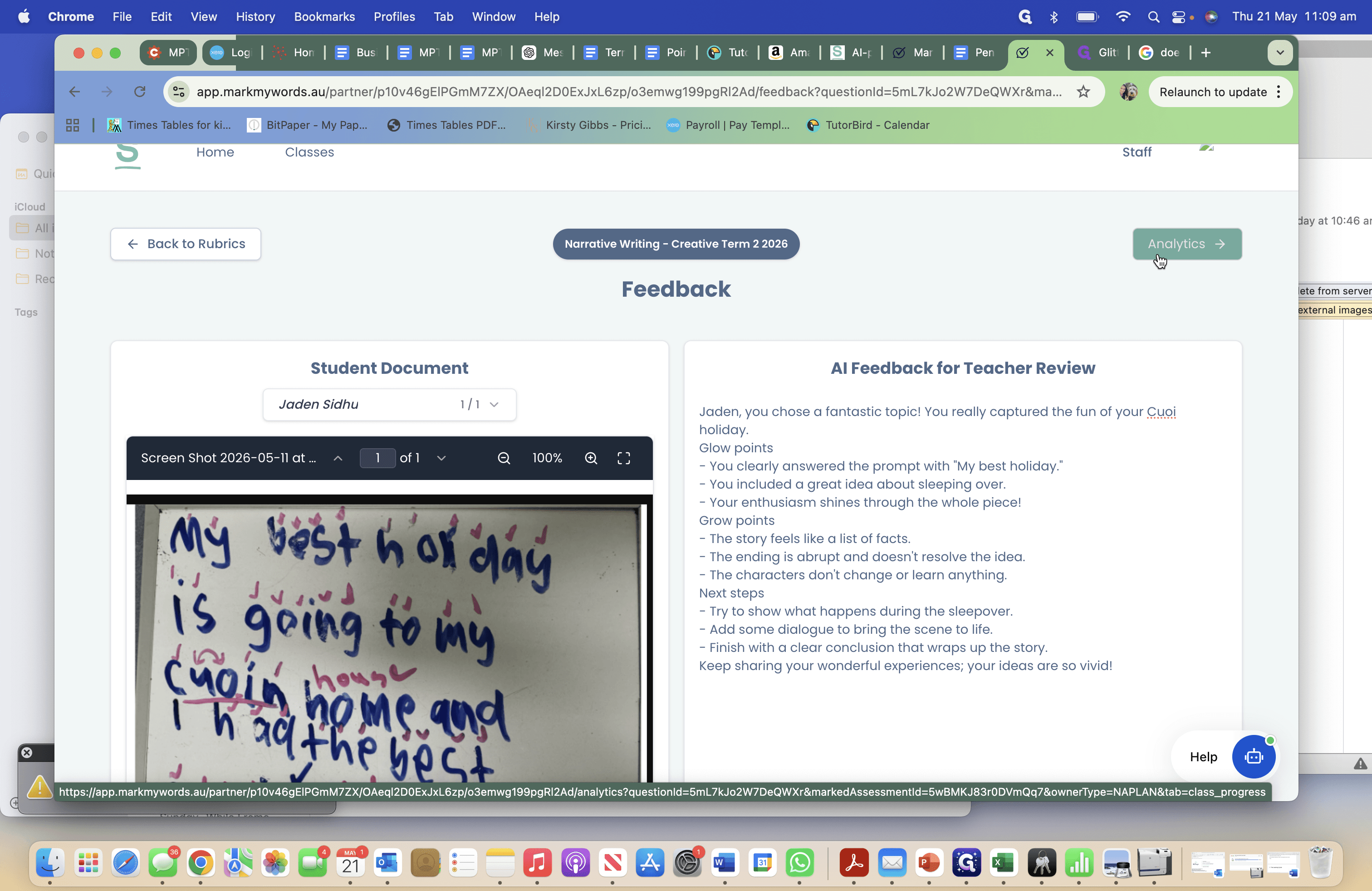 Step #12: Click Analytics to view performance data and recommended focus areas.