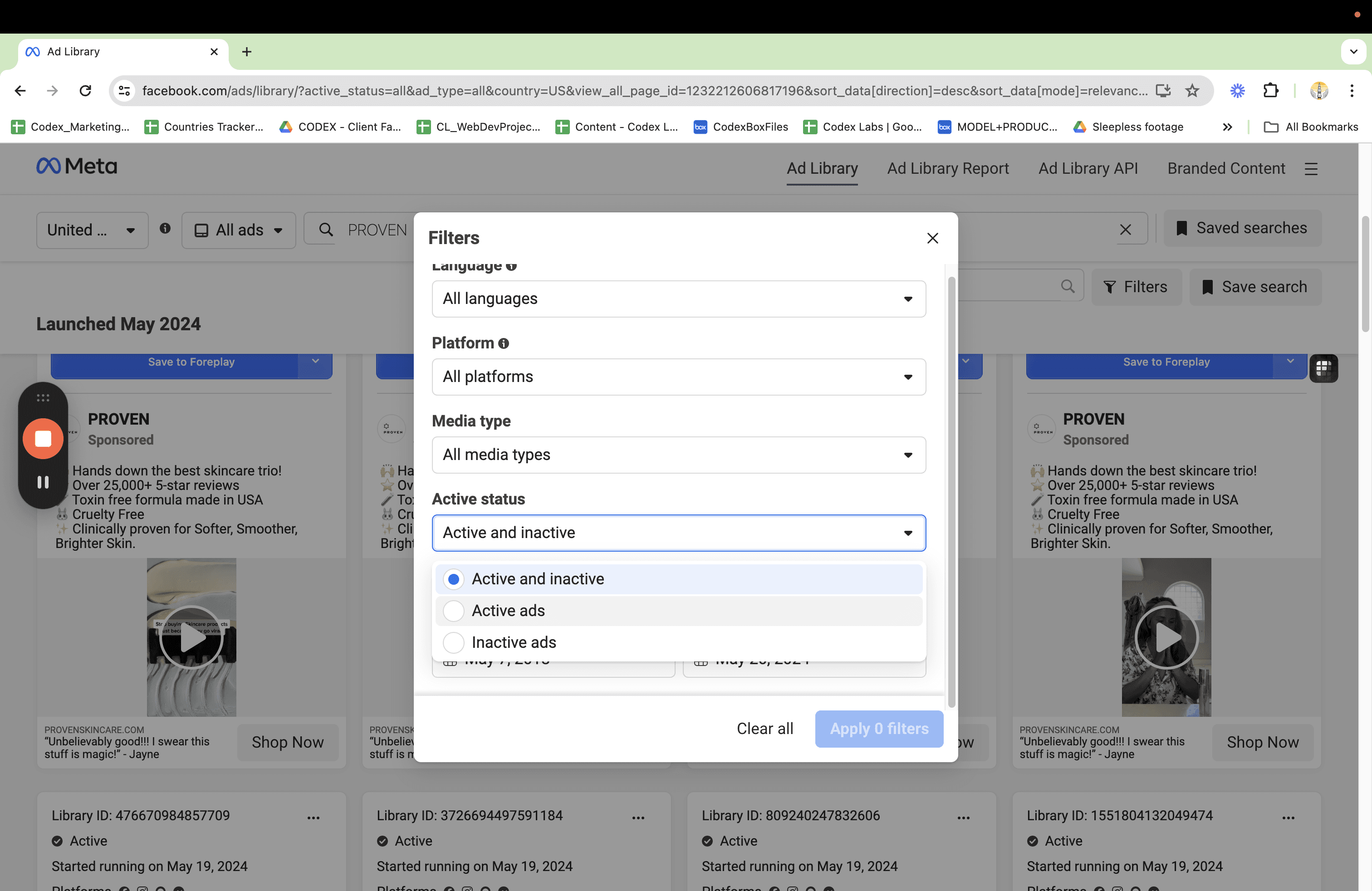 Step #8: Click "Active ads" - we only want to see active, old ads.
