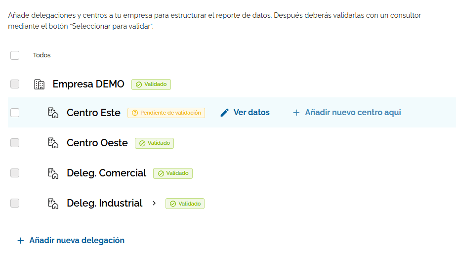 Step #1: Elige la delegación correspondiente a la que quieres añadir un centro nuevo y haz clic en "+ Añadir nuevo centro aqui".