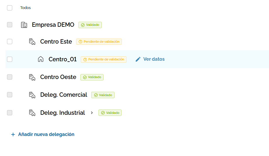 Step #1: Haz clic en "Ver datos" junto al centro o delegación que quieras eliminar.