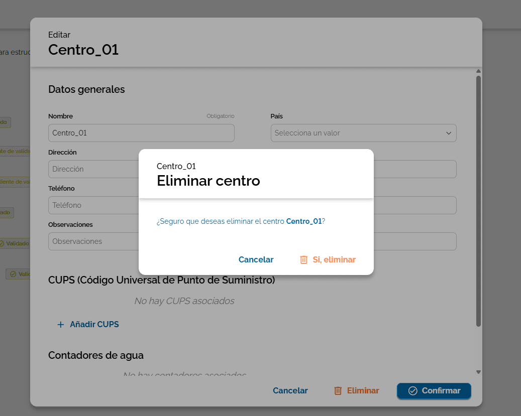 Step #2: Haz clic en "Sí, eliminar" para confirmar la eliminación de la delegación o centro en el cuadro de diálogo.