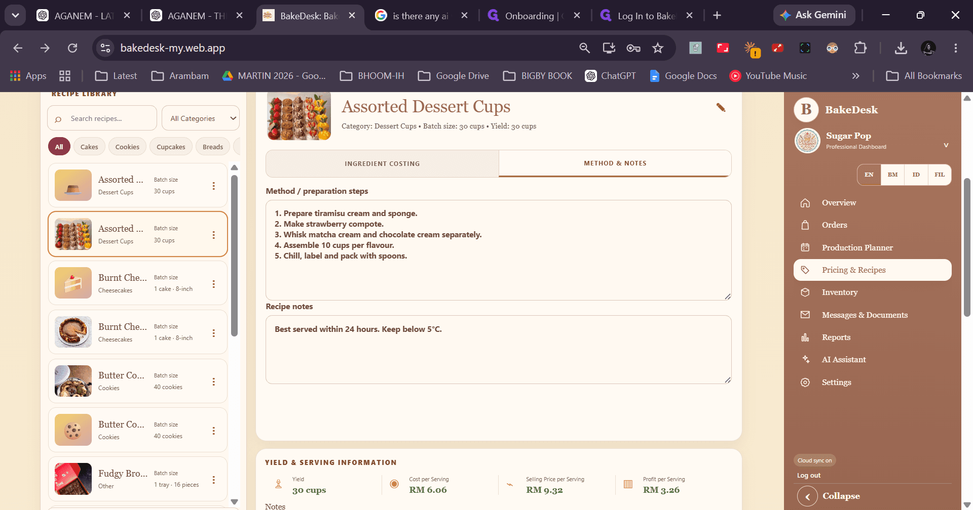 Step #6: Click INGREDIENT COSTING to review the itemized cost breakdown.