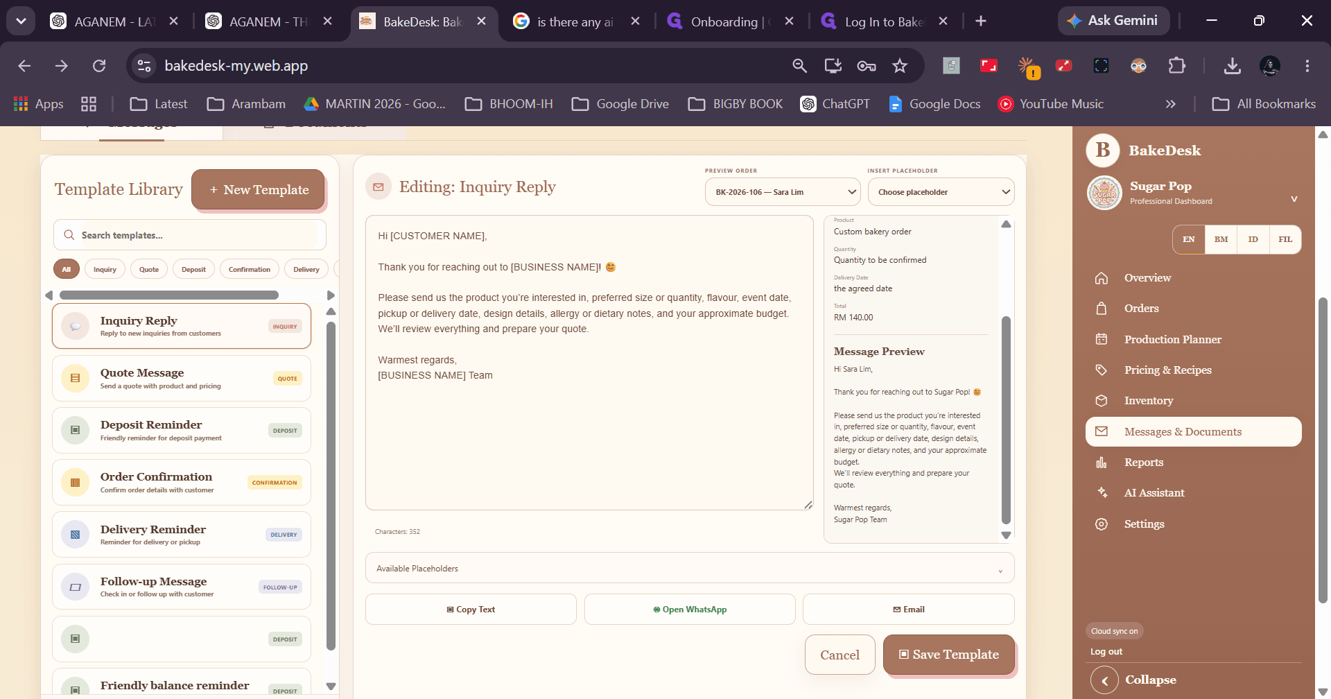 Step #17: Click Choose placeholder under the Insert Placeholder section to add dynamic fields such as business name or customer name.