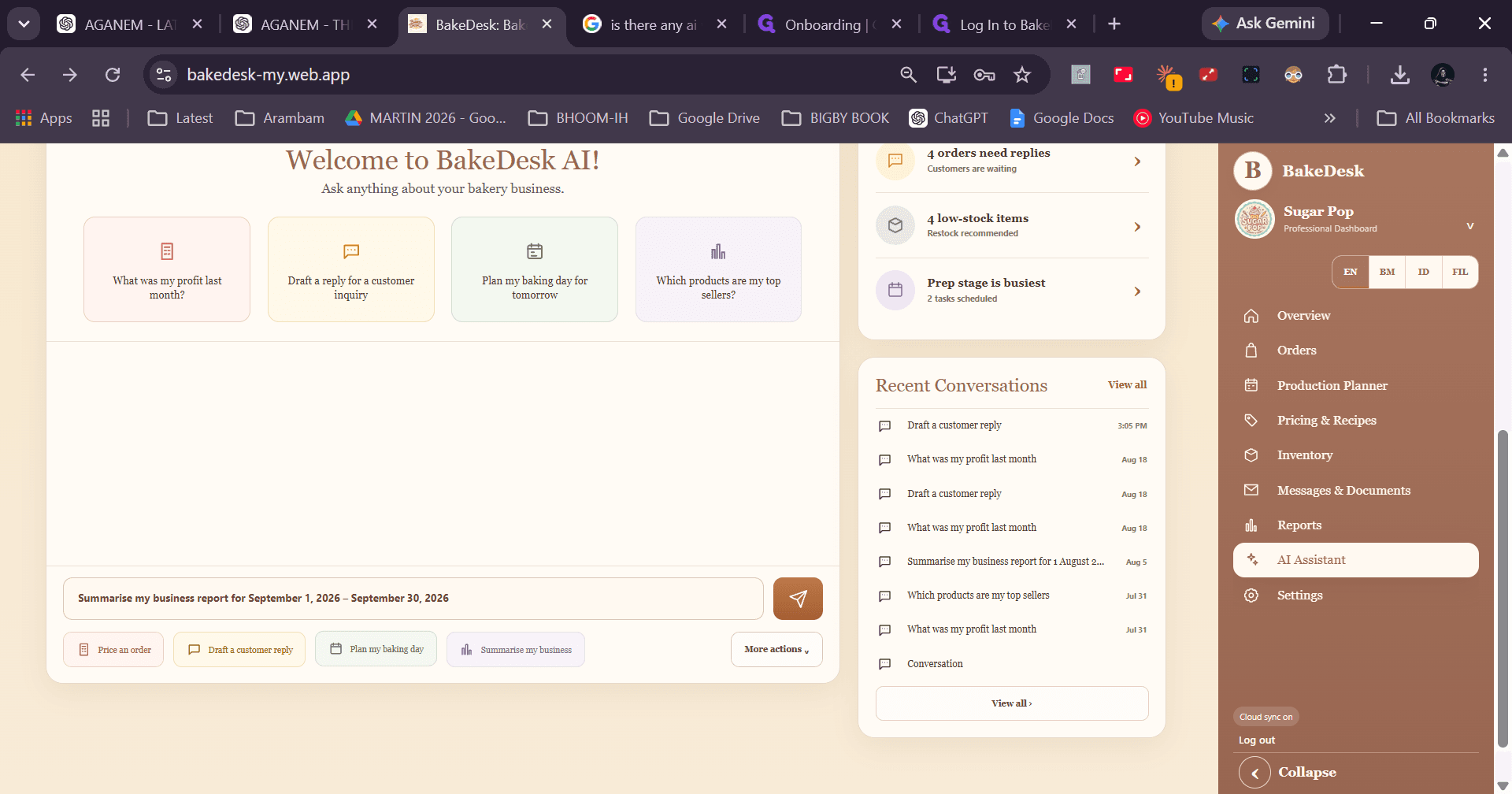 Step #28: Click Plan my baking day to prompt the AI to generate a daily baking plan.