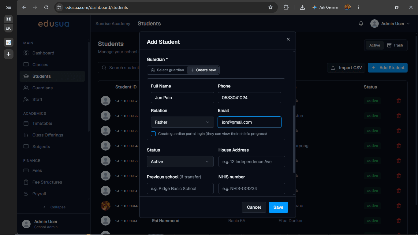 Step #9: Click on Create guardian portal to enable portal login access.