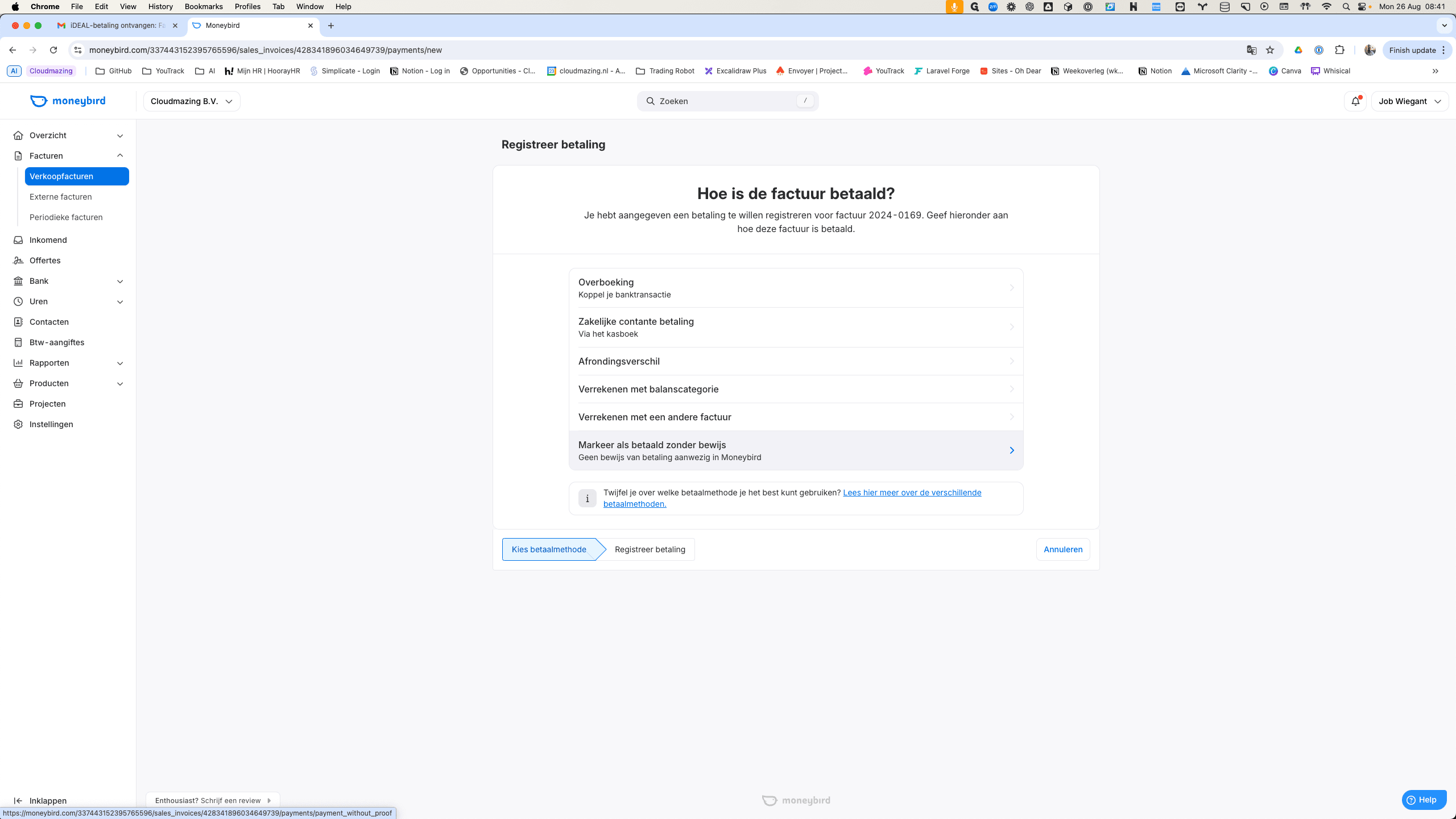 Step #9: Klik op "Geen bewijs van betaling aanwezig in Moneybird"