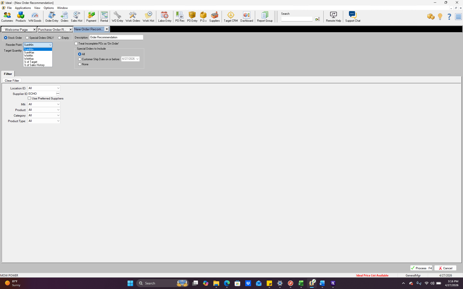 Step #5: Select your preferred Reorder Point from the dropdown menu to calculate recommendations based on specific seasonal values, such as Summer or Winter min/maxes.