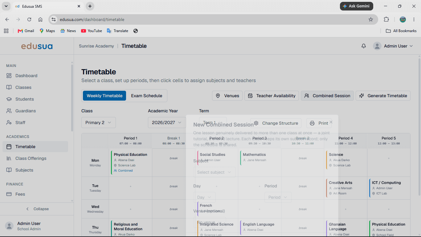 Step #1: Click Combined Session on the Timetable toolbar.