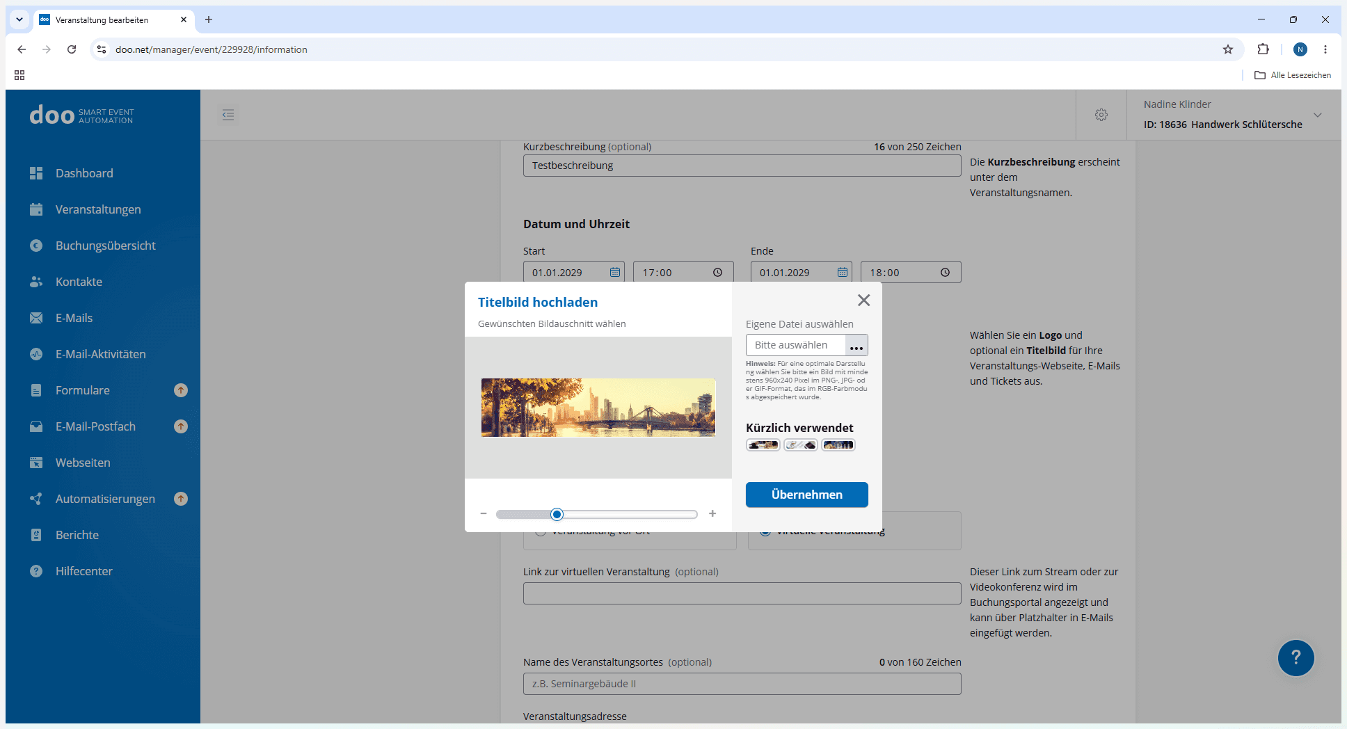 Step #6: Lade ein passendes Titelbild oder Banner für die Veranstaltung hoch und passe den Bildausschnitt an.