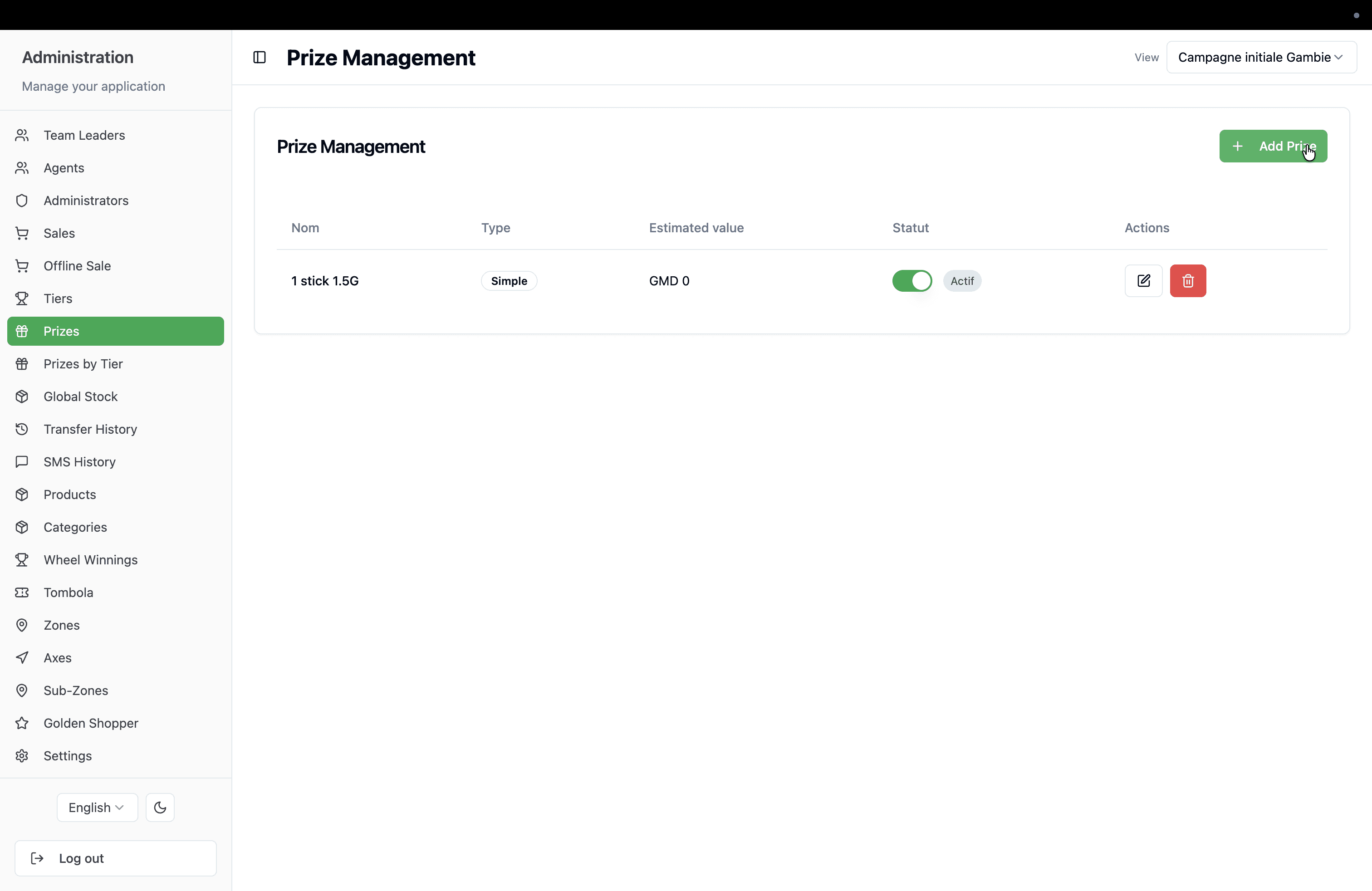 Step #2: Click + Add Prize in the top right corner of the main dashboard.