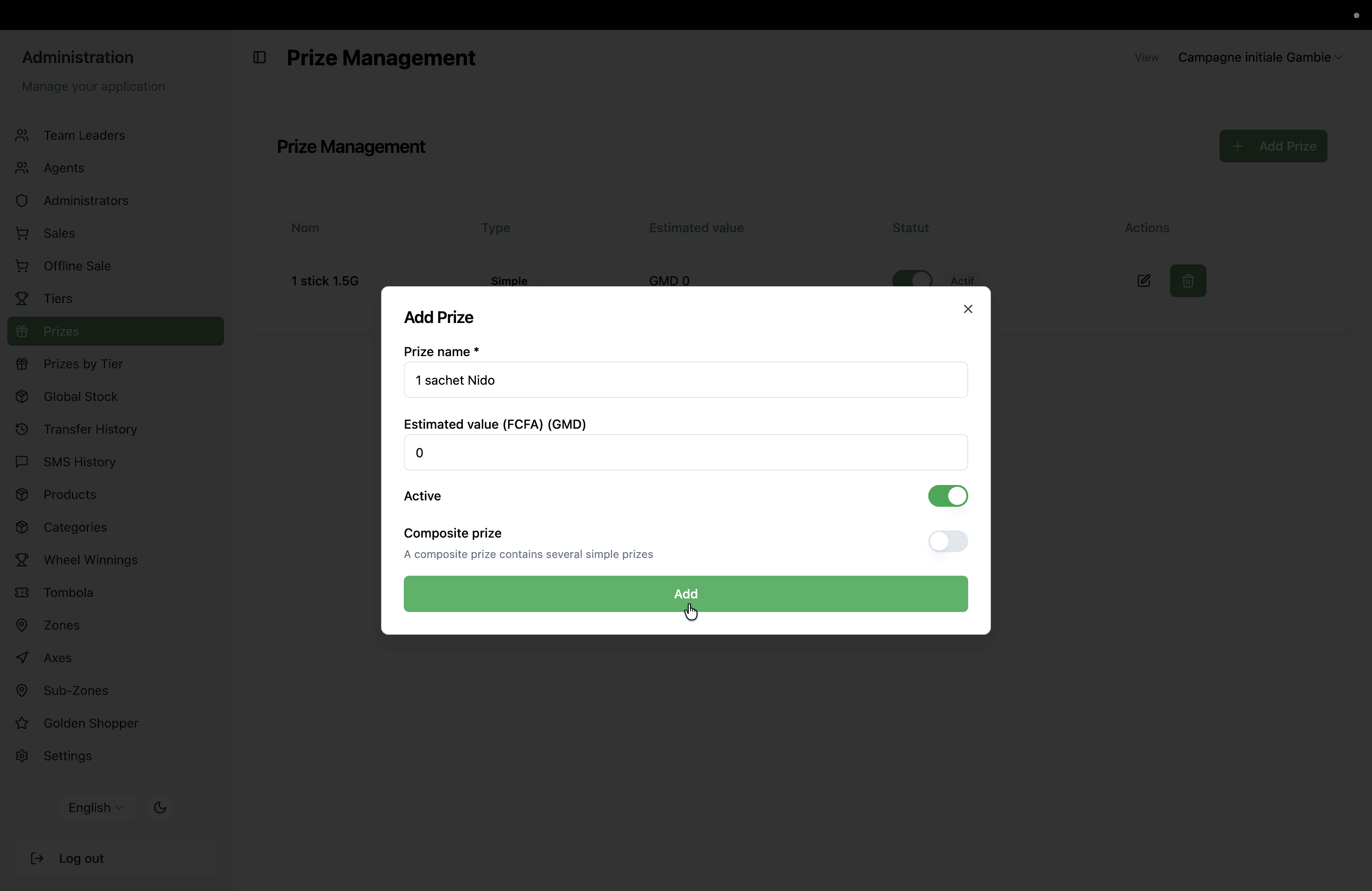 Step #4: Click Add at the bottom of the modal to save the new prize to your inventory.
