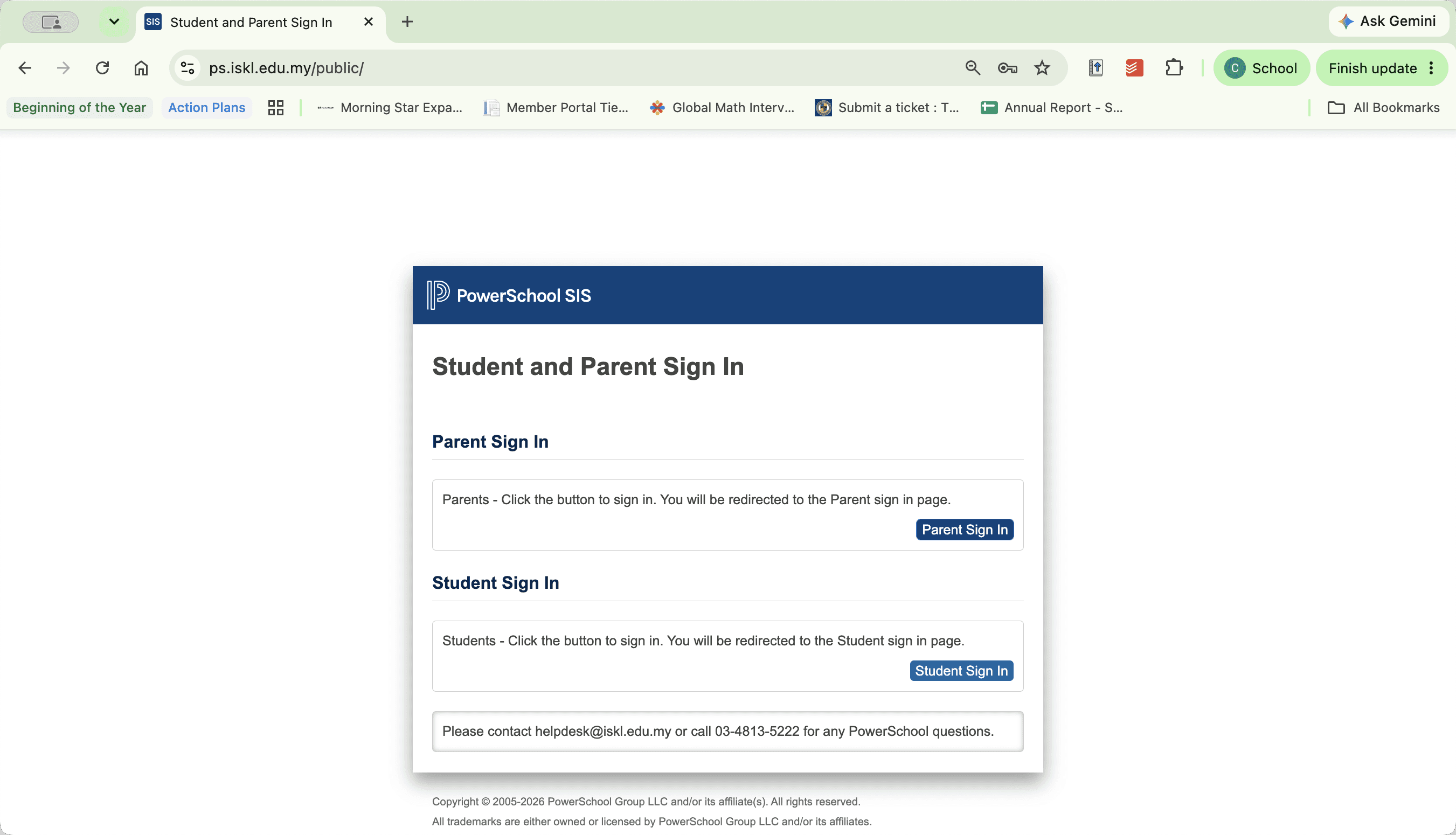 Step #1: Click Parent Sign In on the PowerSchool sign-in page (https://ps.iskl.edu.my/public/).