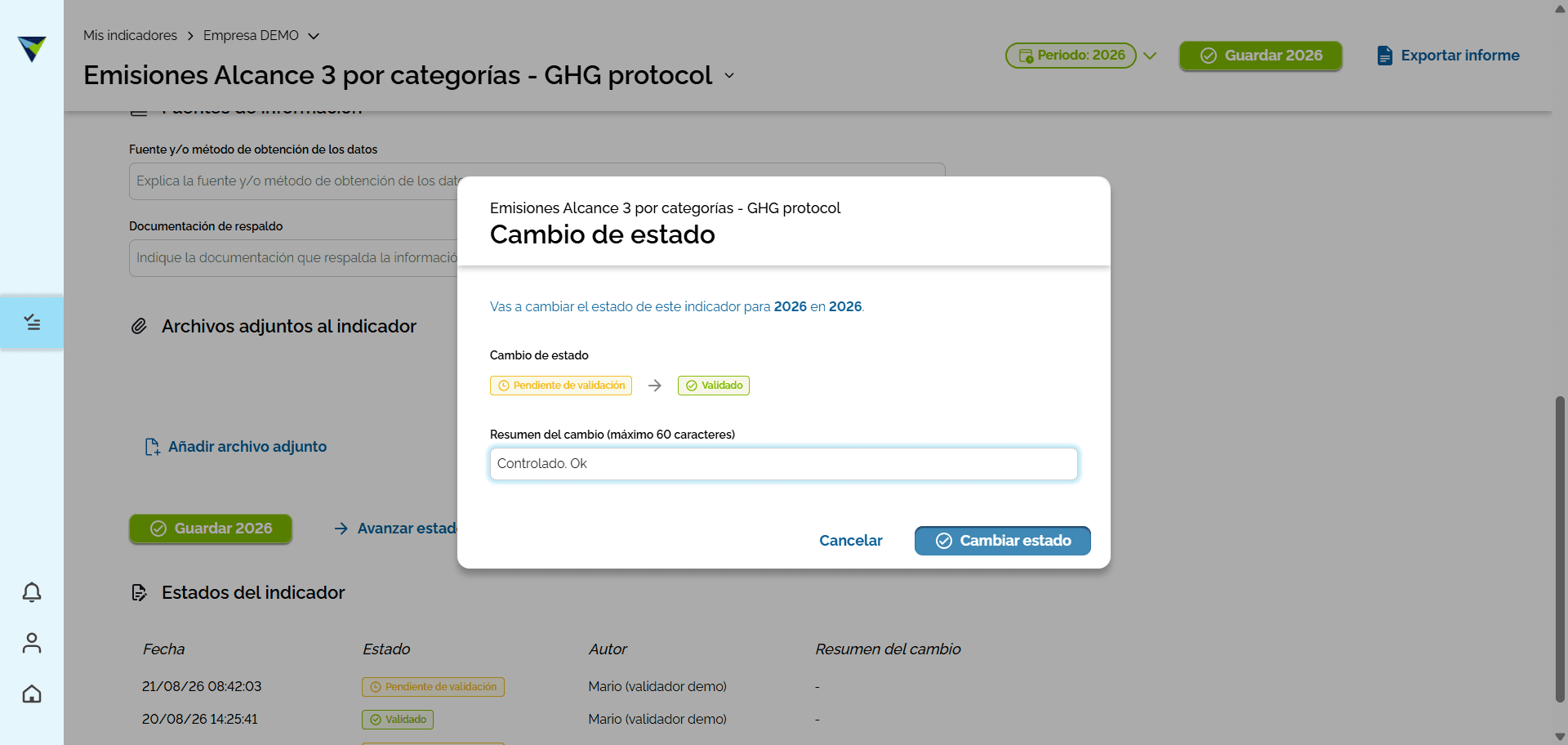 Step #8: Aparecerá una ventana indicando el cambio de estado. Si lo deseas, podrás agregar un detalle en el campo "Resumen del cambio". Luego, haz clic en "Cambio de estado" para continuar con el proceso.